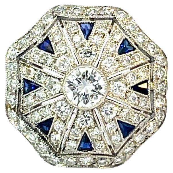 Anello ottagonale di platino con diamanti e zaffiri - 5,3 g in vendita