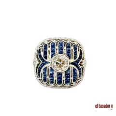 Platinum Art Deco Ring with 0.96ct Center Diamond and 3.73ct Sapphires