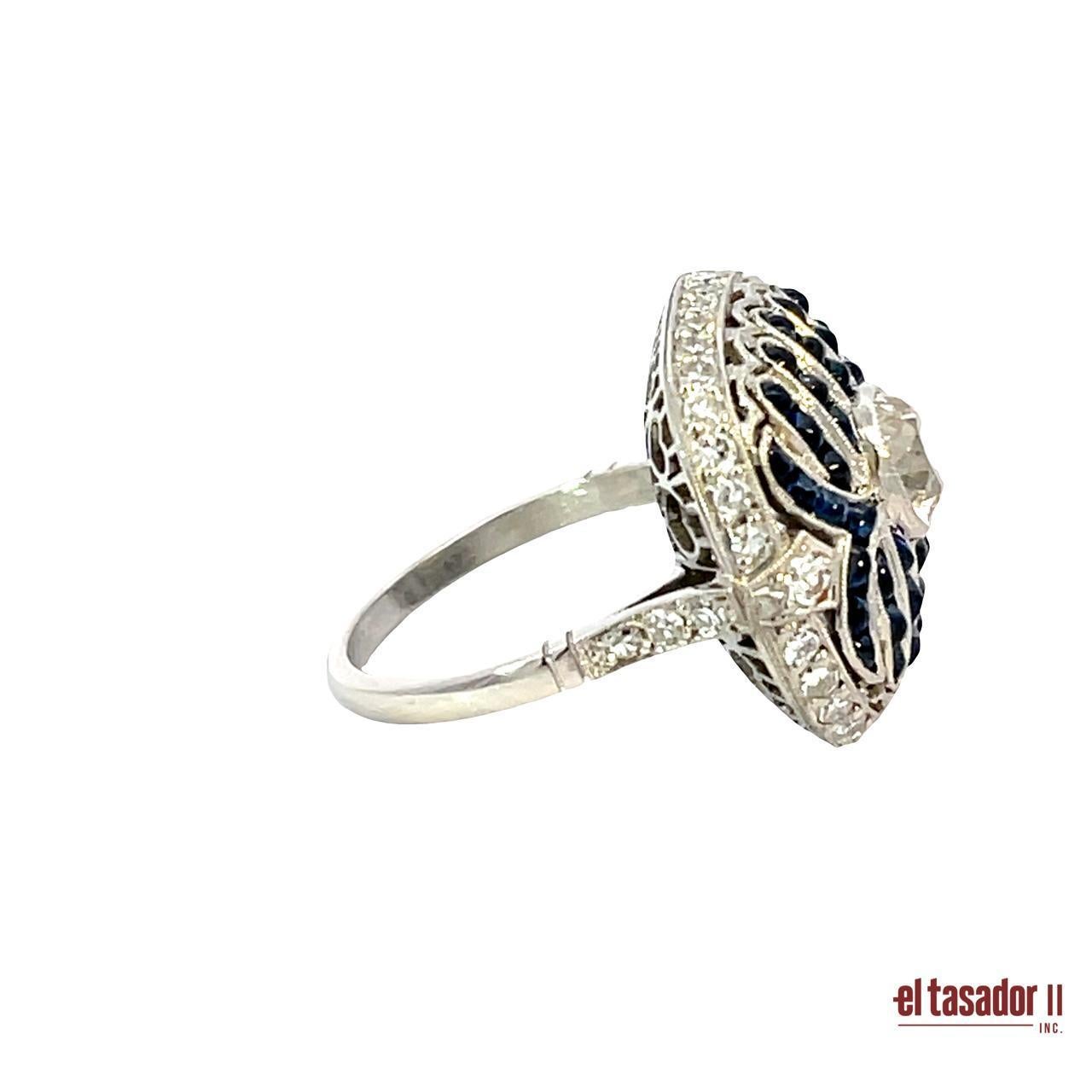 Brilliant Cut Platinum Art Deco Ring with 0.96ct Center Diamond and 3.73ct Sapphires For Sale