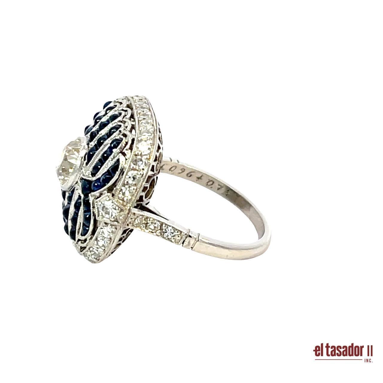 Women's Platinum Art Deco Ring with 0.96ct Center Diamond and 3.73ct Sapphires For Sale