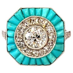Platinum Octagonal Ring with Turquoise Inlay and 0.79ct Diamond