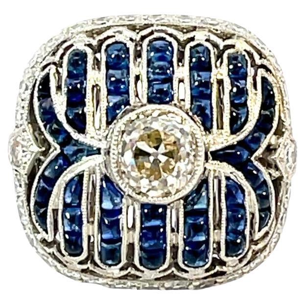 Anello ottagonale in platino con intarsio di turchese e diamante da 0,79 carati