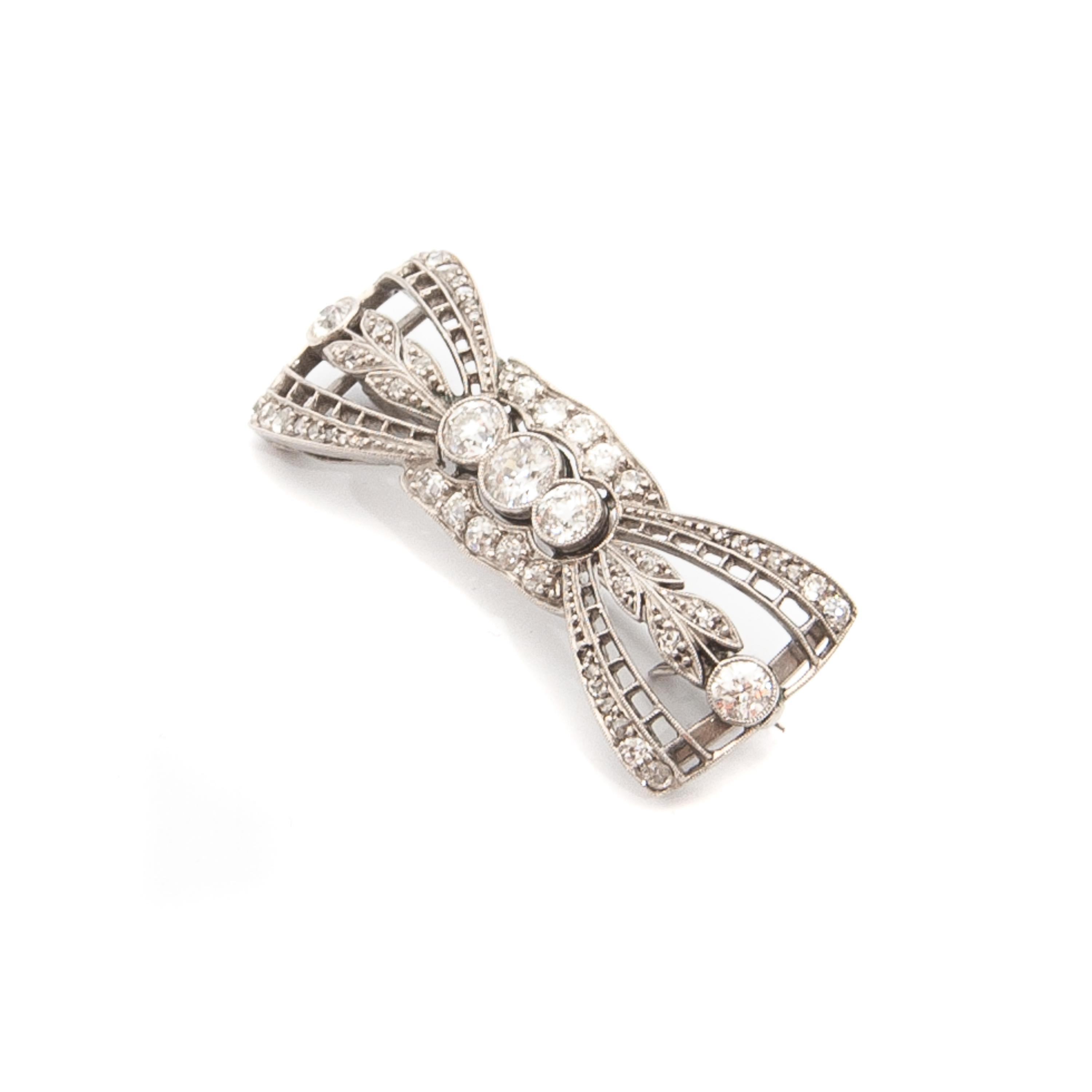 Old European Cut Art Deco 1930's Diamond Platinum Bow Brooch For Sale