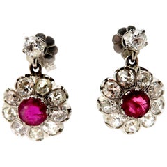 Platinum Old European Cut Diamond and Ruby Antique Dangle Halo Earrings