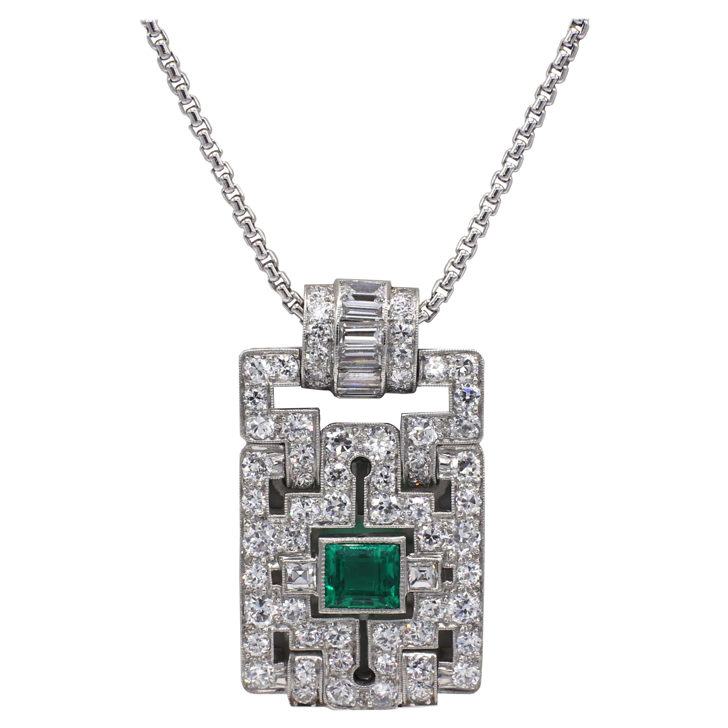 Platinum Old European Cut Diamond & Emerald Art Deco Pendant Necklace
