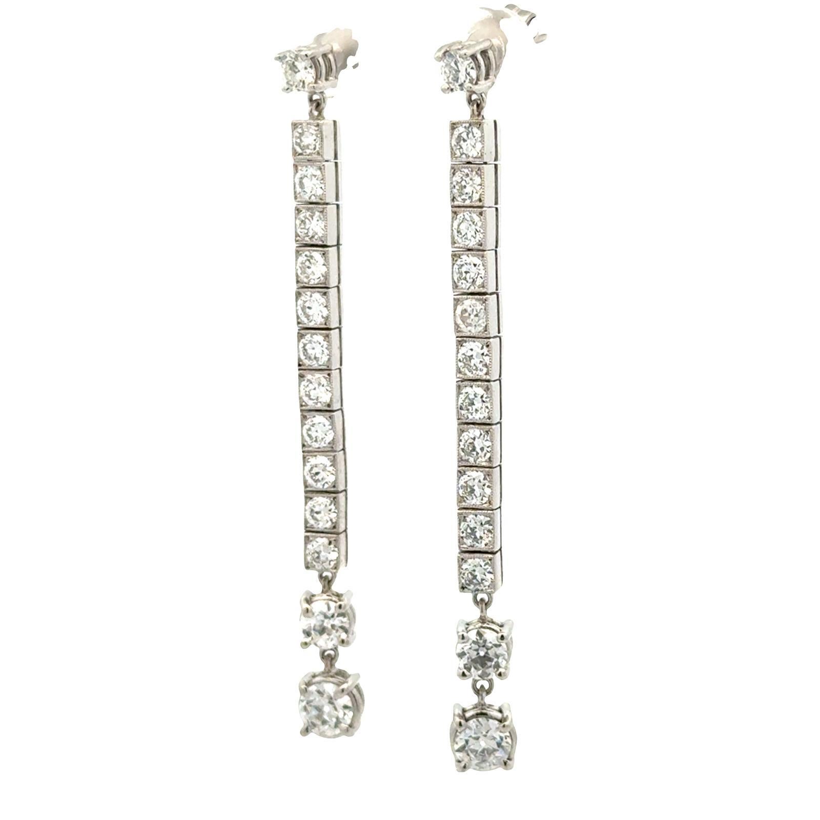 Modern Platinum Old European Cut Diamond Line Drop Estate Vintage Earrings 4.66 CTW For Sale
