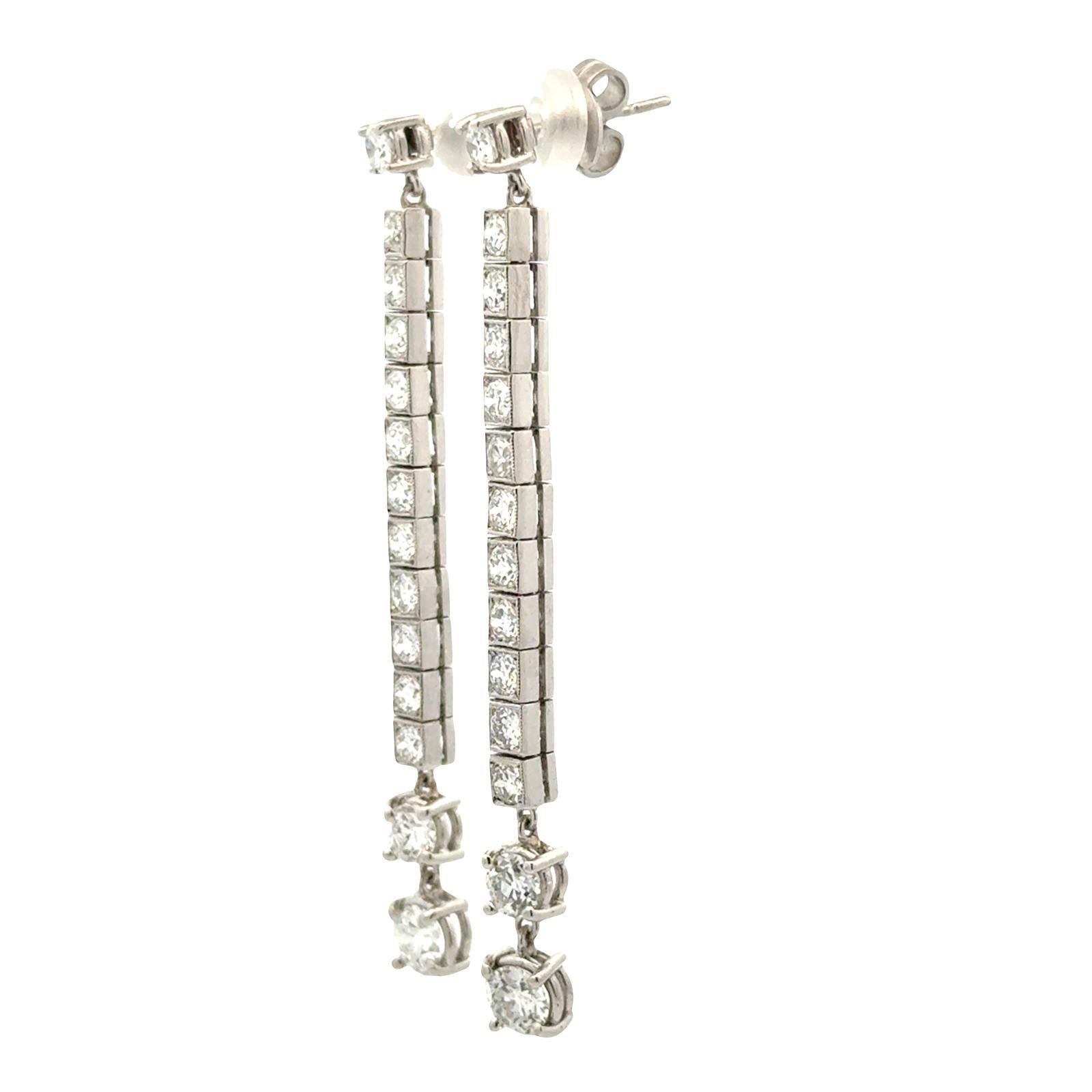 Women's Platinum Old European Cut Diamond Line Drop Estate Vintage Earrings 4.66 CTW For Sale