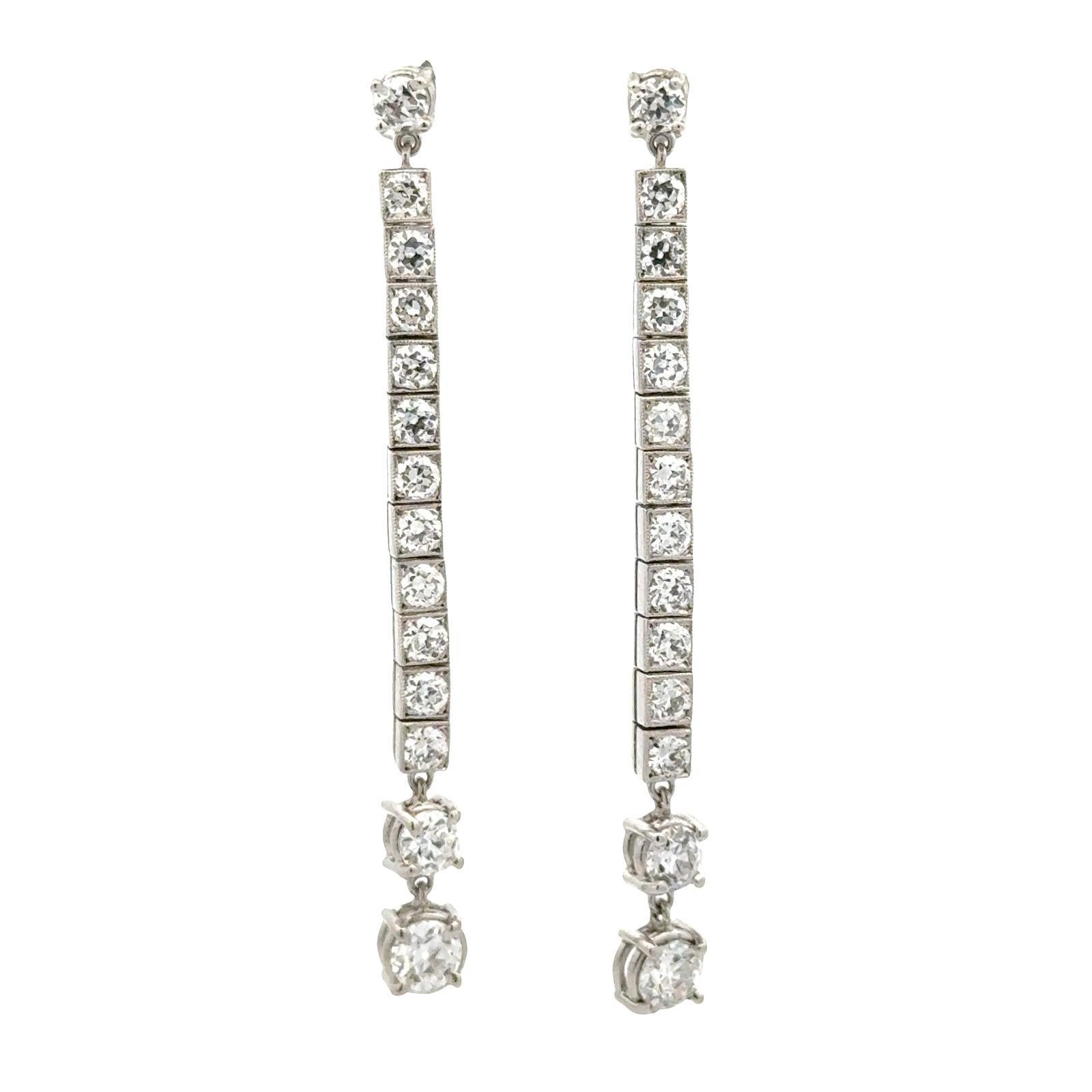 Platinum Old European Cut Diamond Line Drop Estate Vintage Earrings 4.66 CTW For Sale 1