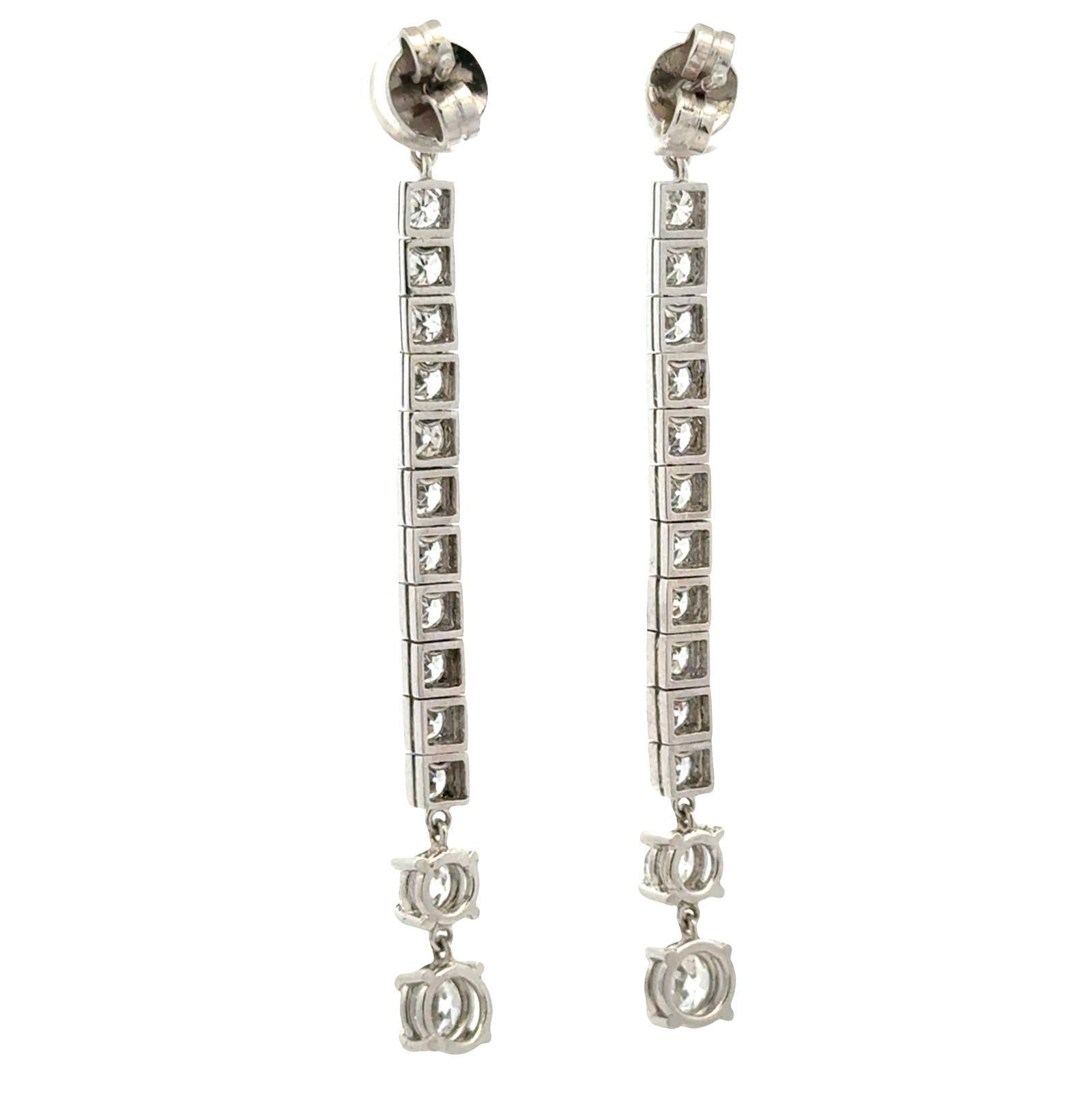 Platinum Old European Cut Diamond Line Drop Estate Vintage Earrings 4.66 CTW For Sale 2