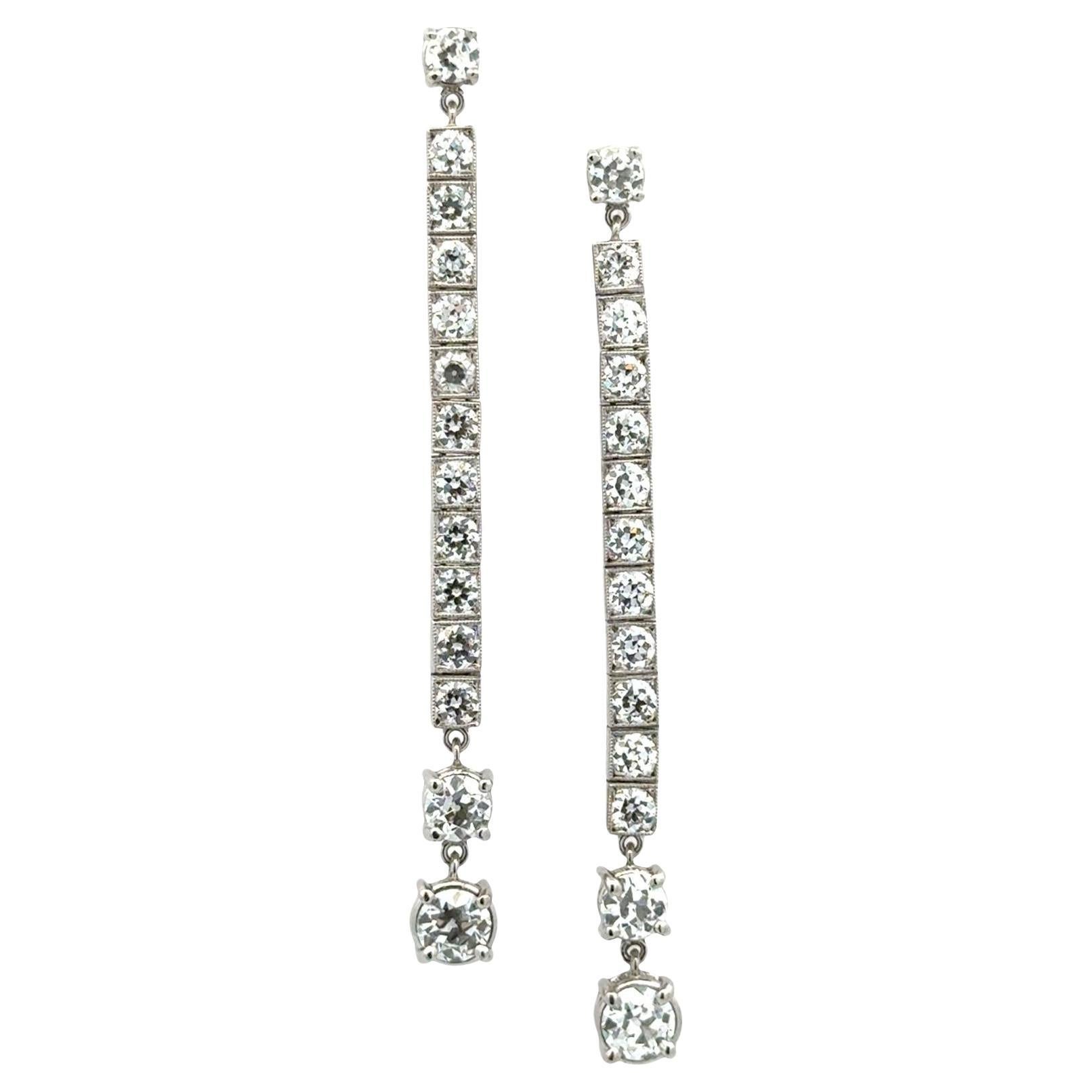 Platinum Old European Cut Diamond Line Drop Estate Vintage Earrings 4.66 CTW For Sale
