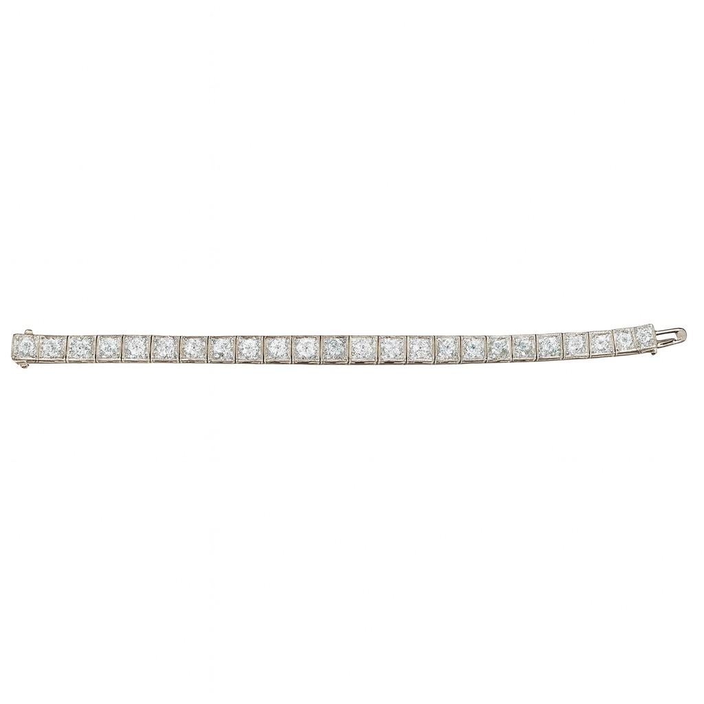 Pulsera de tenis de eslabones cuadrados con diamantes talla europea en platino viejo Art Decó en venta