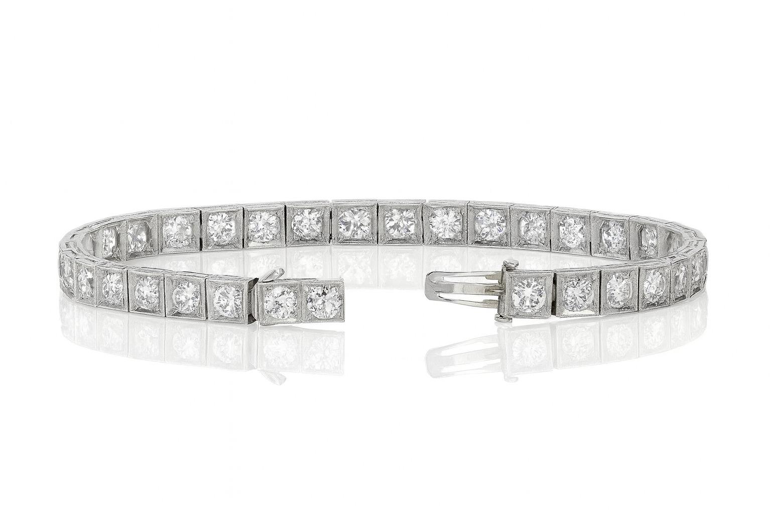 Pulsera de tenis de eslabones cuadrados con diamantes talla europea en platino viejo Corte europeo antiguo en venta