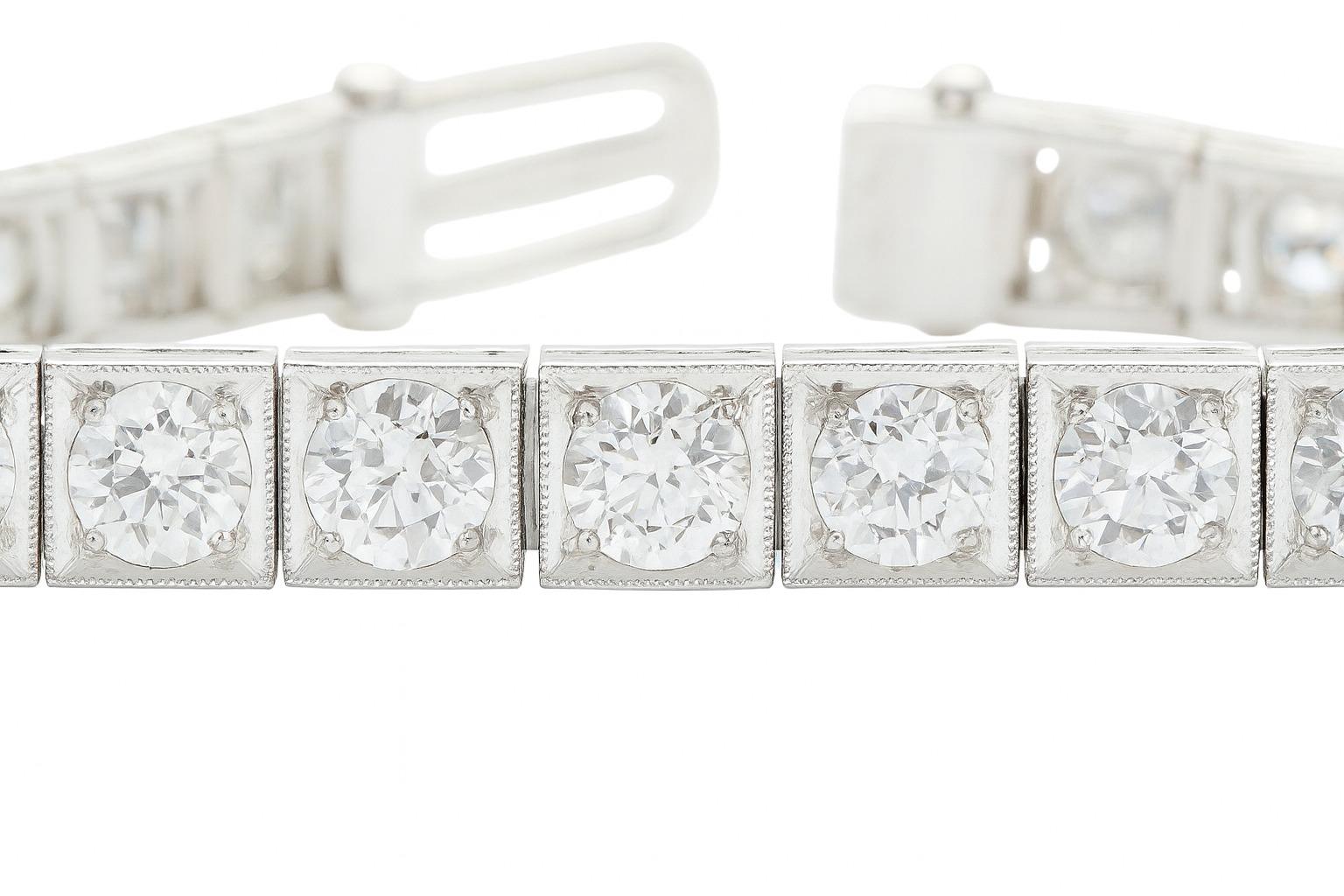Pulsera de tenis de eslabones cuadrados con diamantes talla europea en platino viejo en Excelente estado para la venta en Chicago, IL