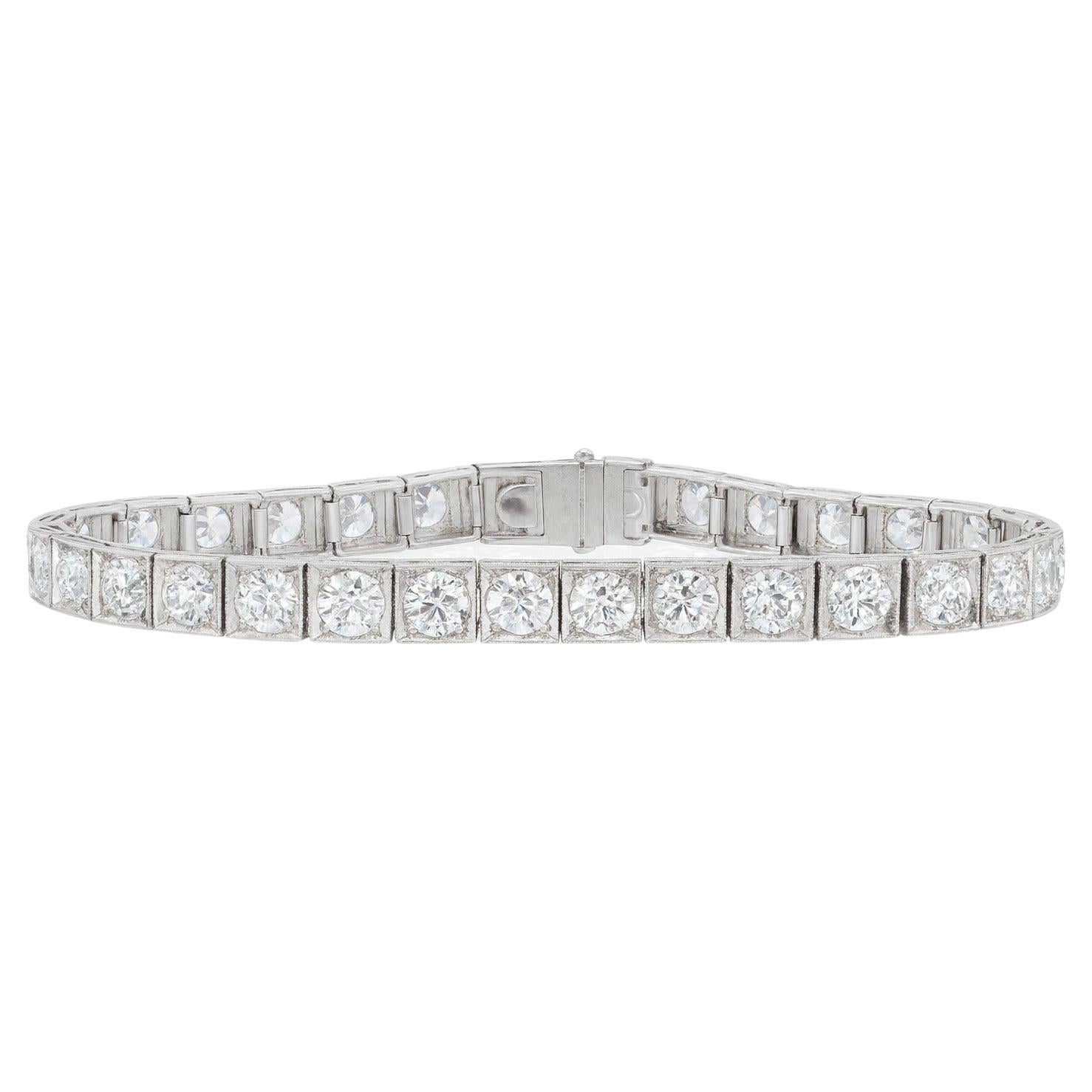 Pulsera de tenis de eslabones cuadrados con diamantes talla europea en platino viejo en venta