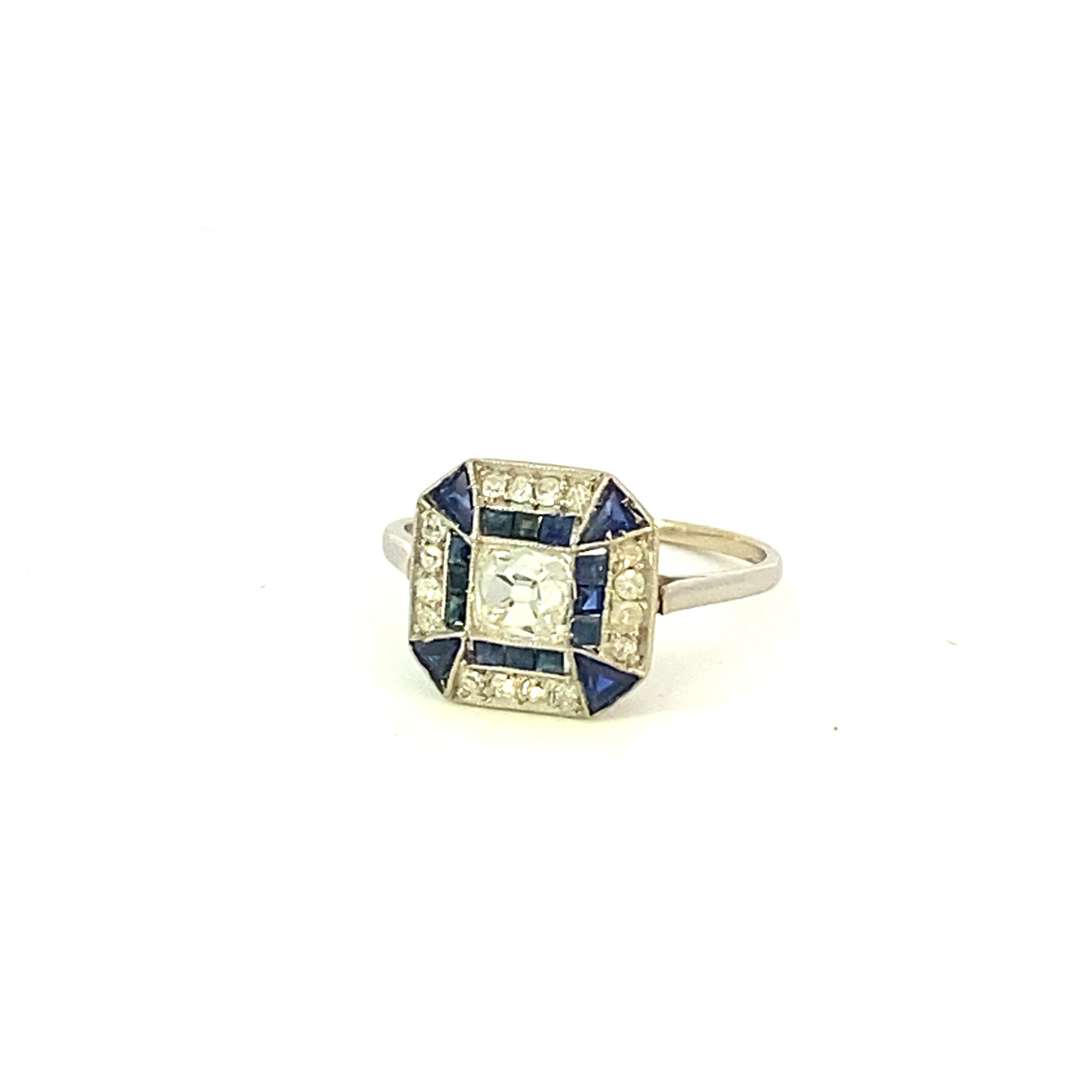 Art Deco Platinum Old Mine Cut Diamond and Sapphire Ring