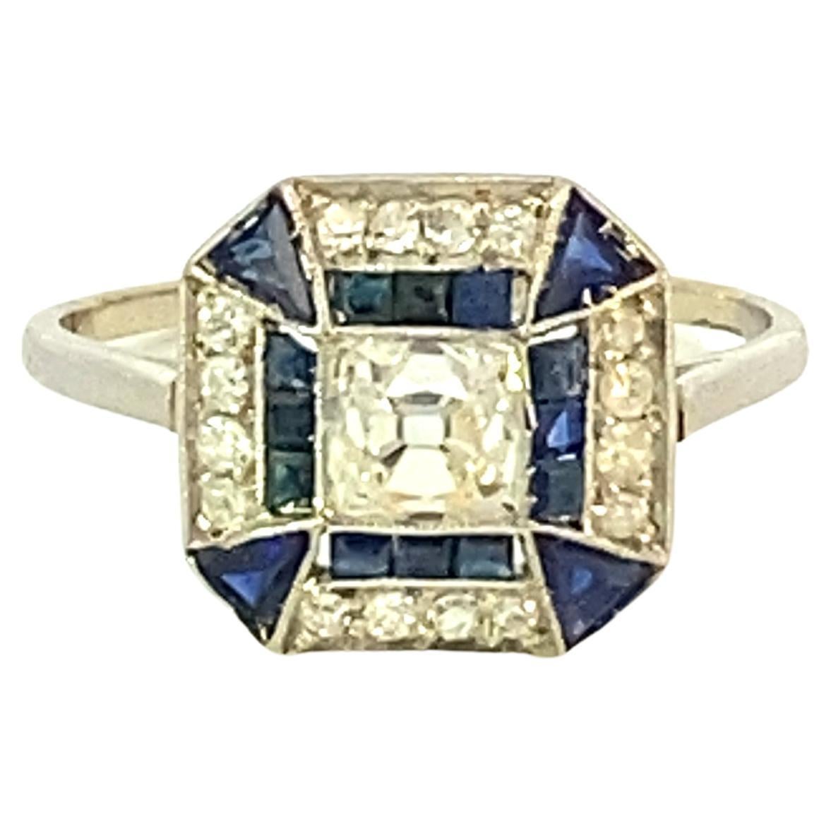 Platinum Old Mine Cut Diamond and Sapphire Ring