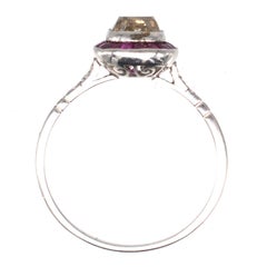 Platinum Old Mine Diamond & Ruby Target Ring, American Art Deco