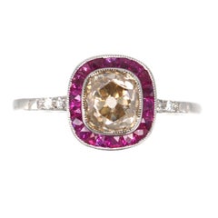 Platinum Old Mine Diamond & Ruby Target Ring, American Art Deco
