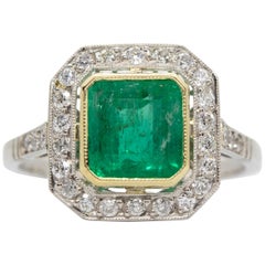 Platinum Old Mine Diamonds and Colombian Emerald Engagement Ring