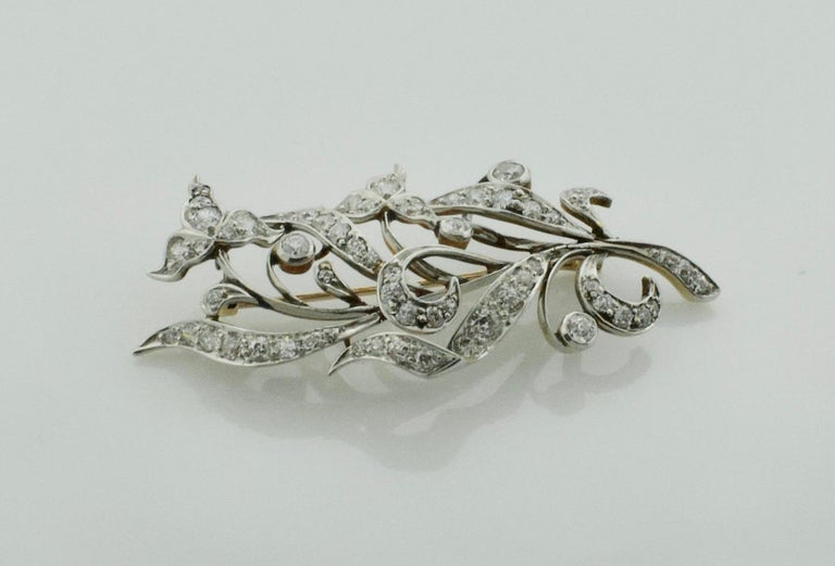 Old Mine Cut Platinum on Yellow Gold circa 1910 Edwardian Brooch 2.25 Carat For Sale