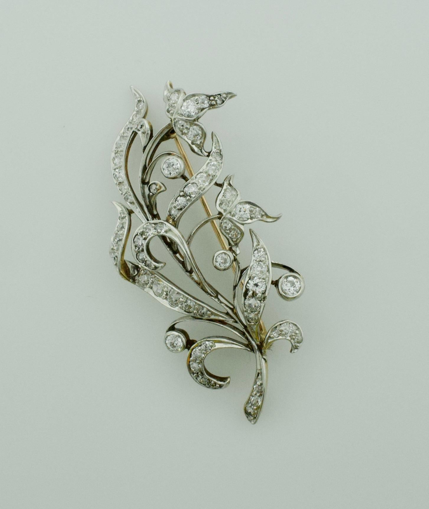 Old Mine Cut Platinum on Yellow Gold circa 1910 Edwardian Brooch 2.25 Carat For Sale