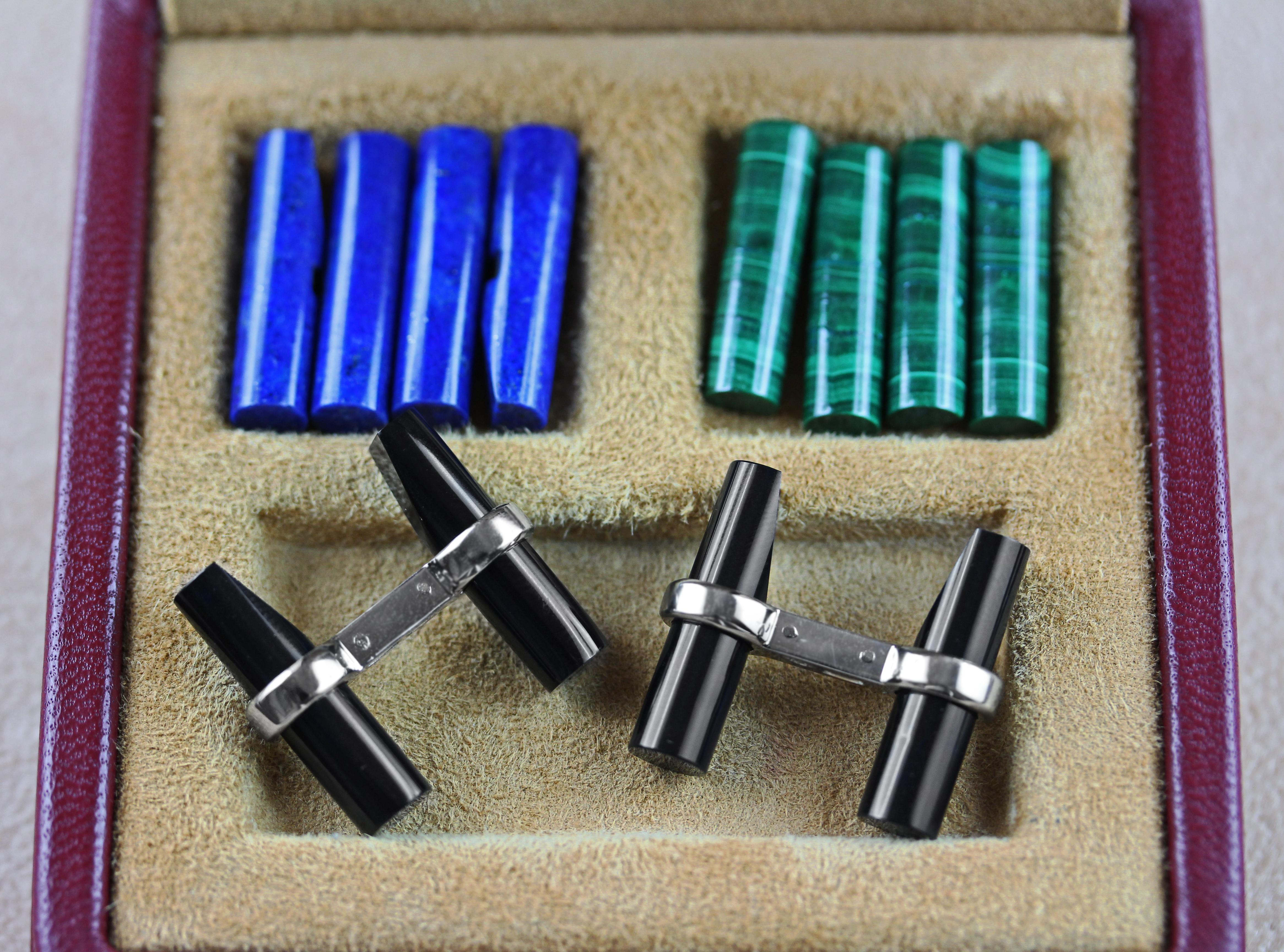 This unique set made in platinum allows to create striking combinations of cufflinks for any occasion. 
It is comprised of three different pair of cylindrical elements a available in the following materials: 
- White agate,  
- Lapis lazuli, 
-