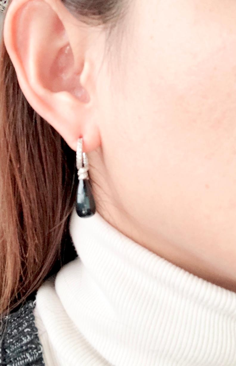 Platinum Onyx Earrings with Round Diamonds For Sale 2