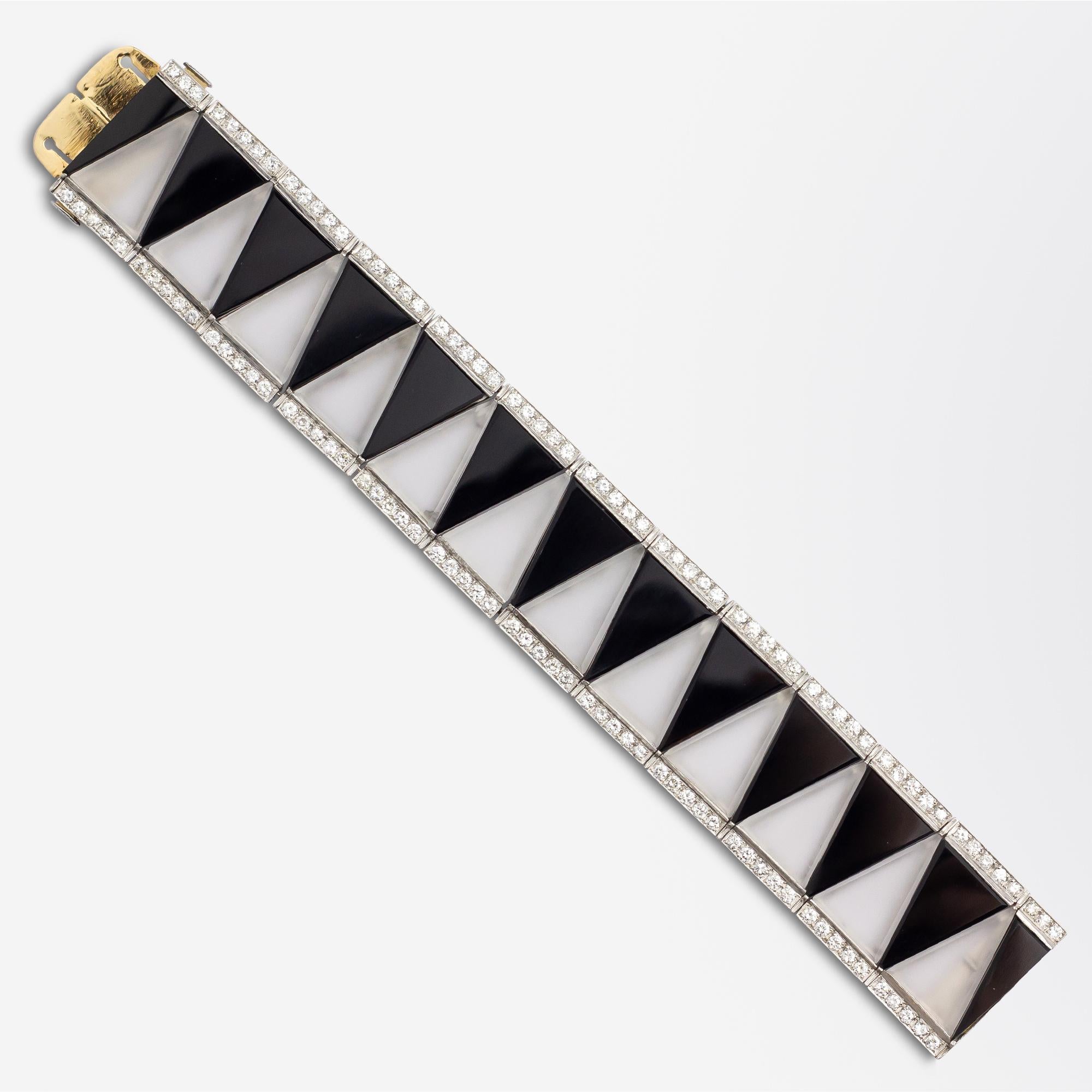 Brilliant Cut Platinum, Onyx, Rock Crystal & Diamond Art Deco Style Bracelet For Sale