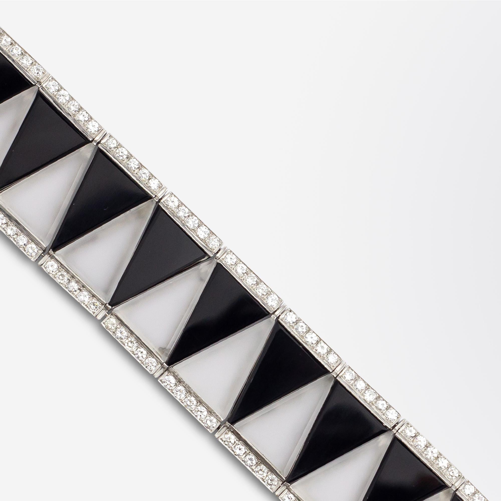 Women's or Men's Platinum, Onyx, Rock Crystal & Diamond Art Deco Style Bracelet For Sale