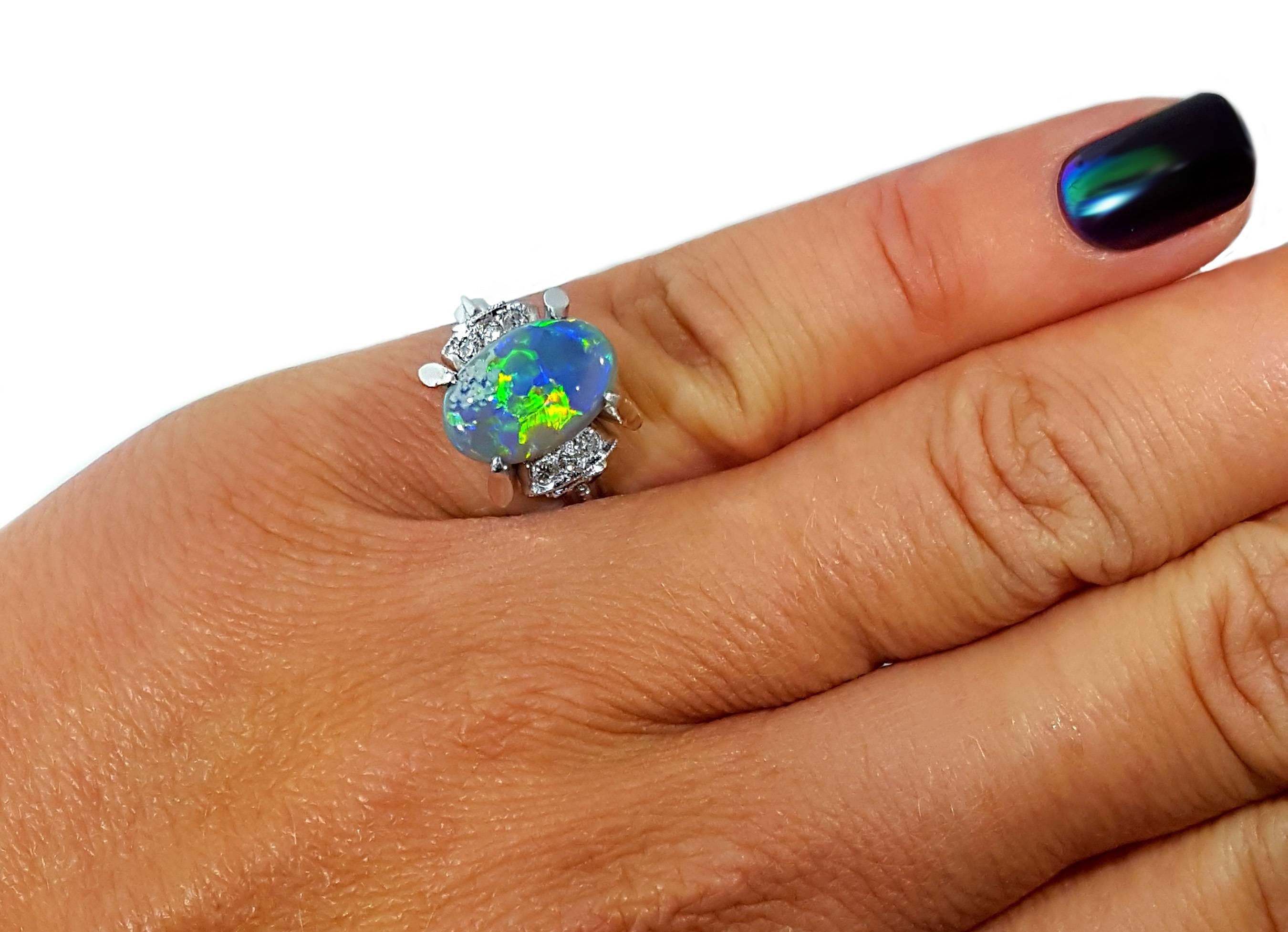 Platinum Opal and Diamond Ring In Excellent Condition In Vail, CO