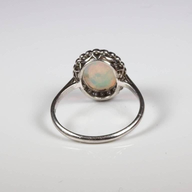 Edwardian Opal Diamond Cluster Platinum Ring In New Condition For Sale In Perth, AU