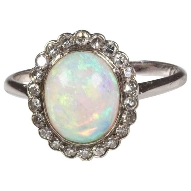 Edwardian Opal Diamond Cluster Platinum Ring For Sale