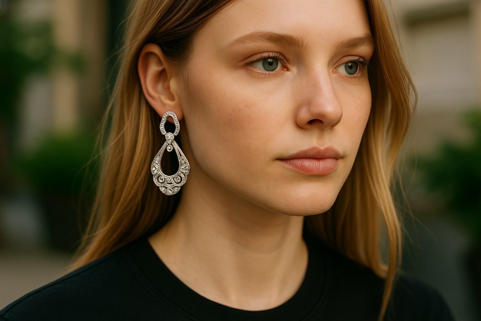 Platin durchbrochene filigrane Diamant 0,50 Karat Tropfen Ohrringe 1,20 Zoll lang im Angebot 1