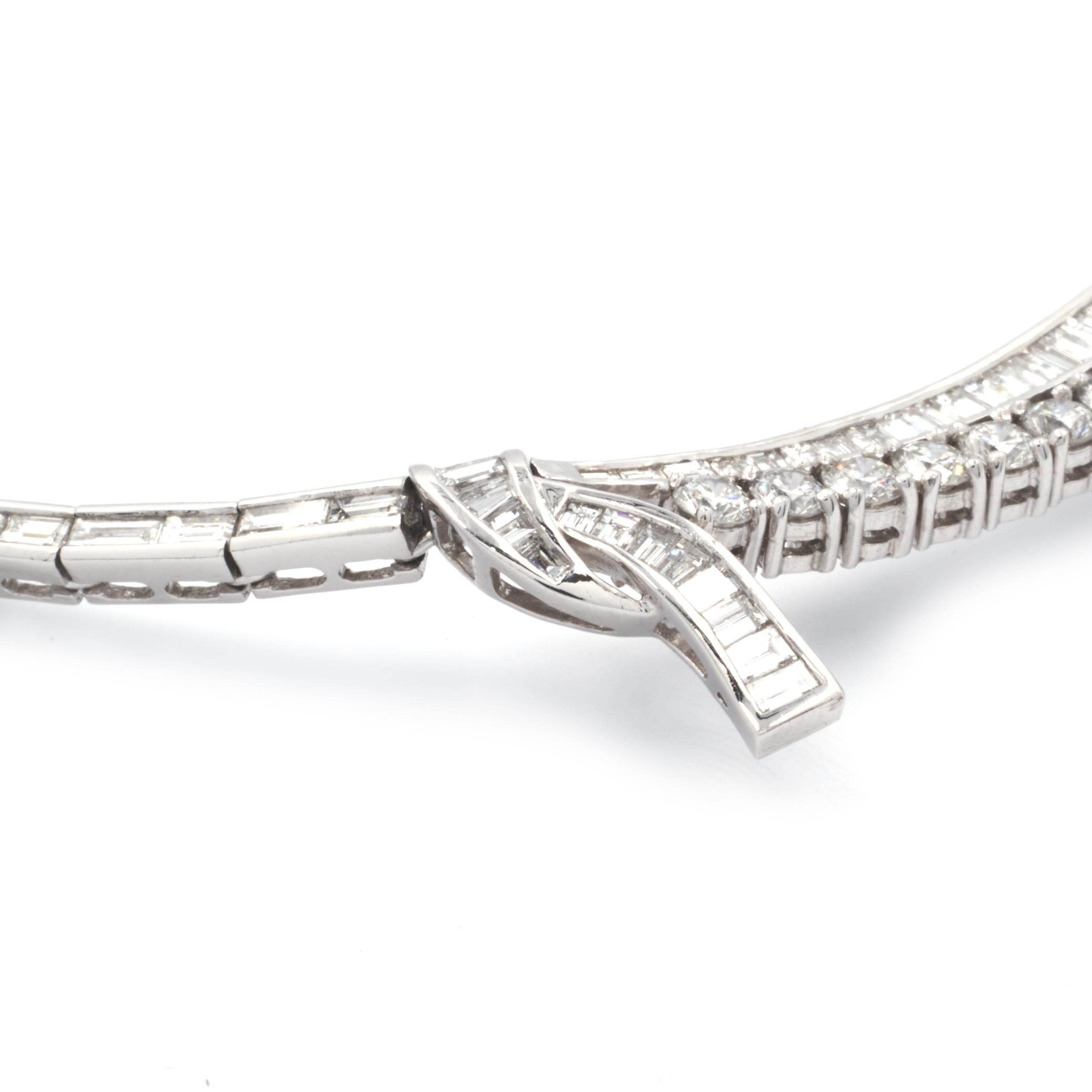 Designer: custom designed 
Material: Platinum
Diamonds: 17 marquise, 19 round brilliant, 69 baguette cut, and 1 pear cut = 19.89cttw
Color: G
Clarity: VS1-2
Dimensions: necklace measures 16-inches long 
Weight:  57.69 grams	
