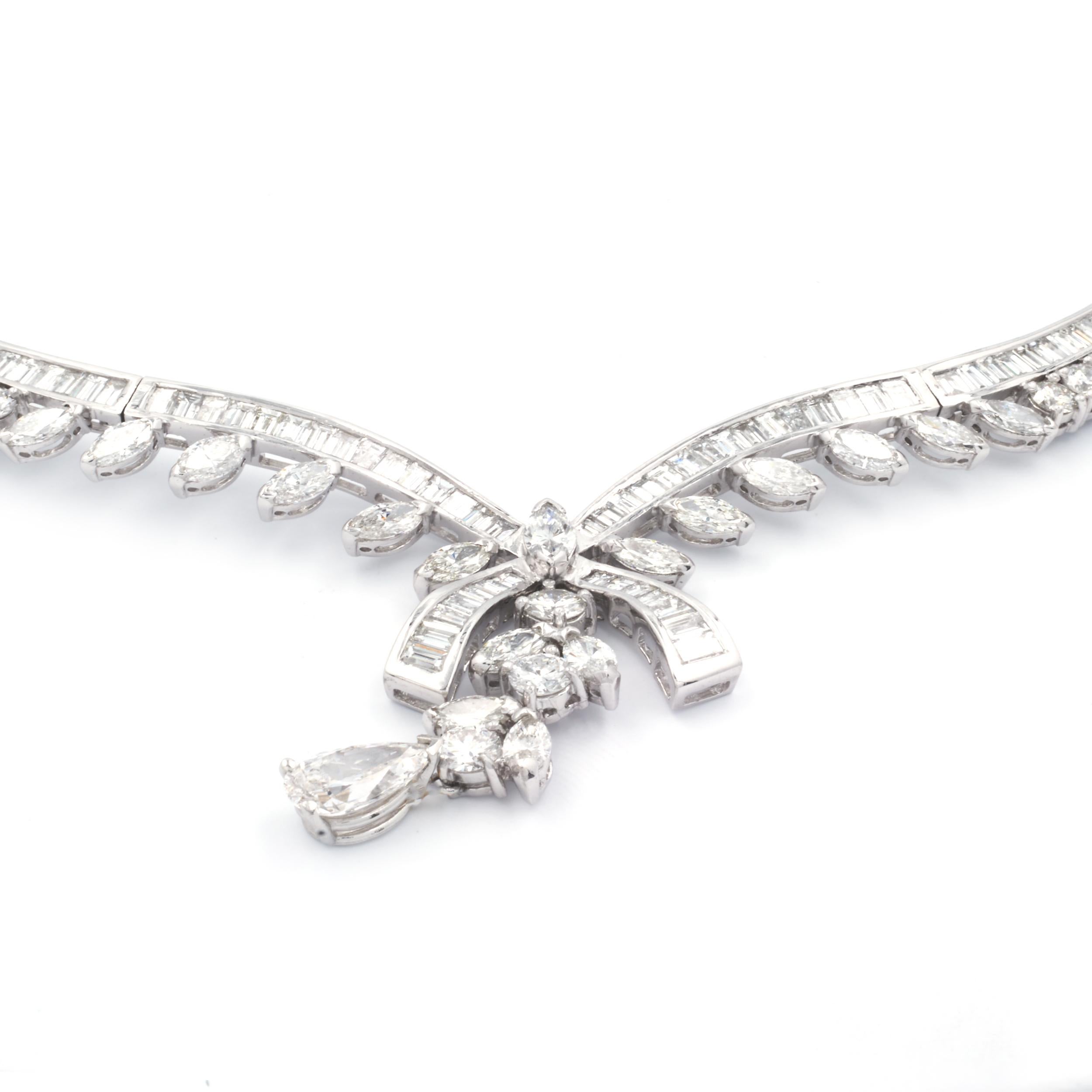 Baguette Cut Platinum Ornate Diamond Collar Necklace with Diamond Bow Drop