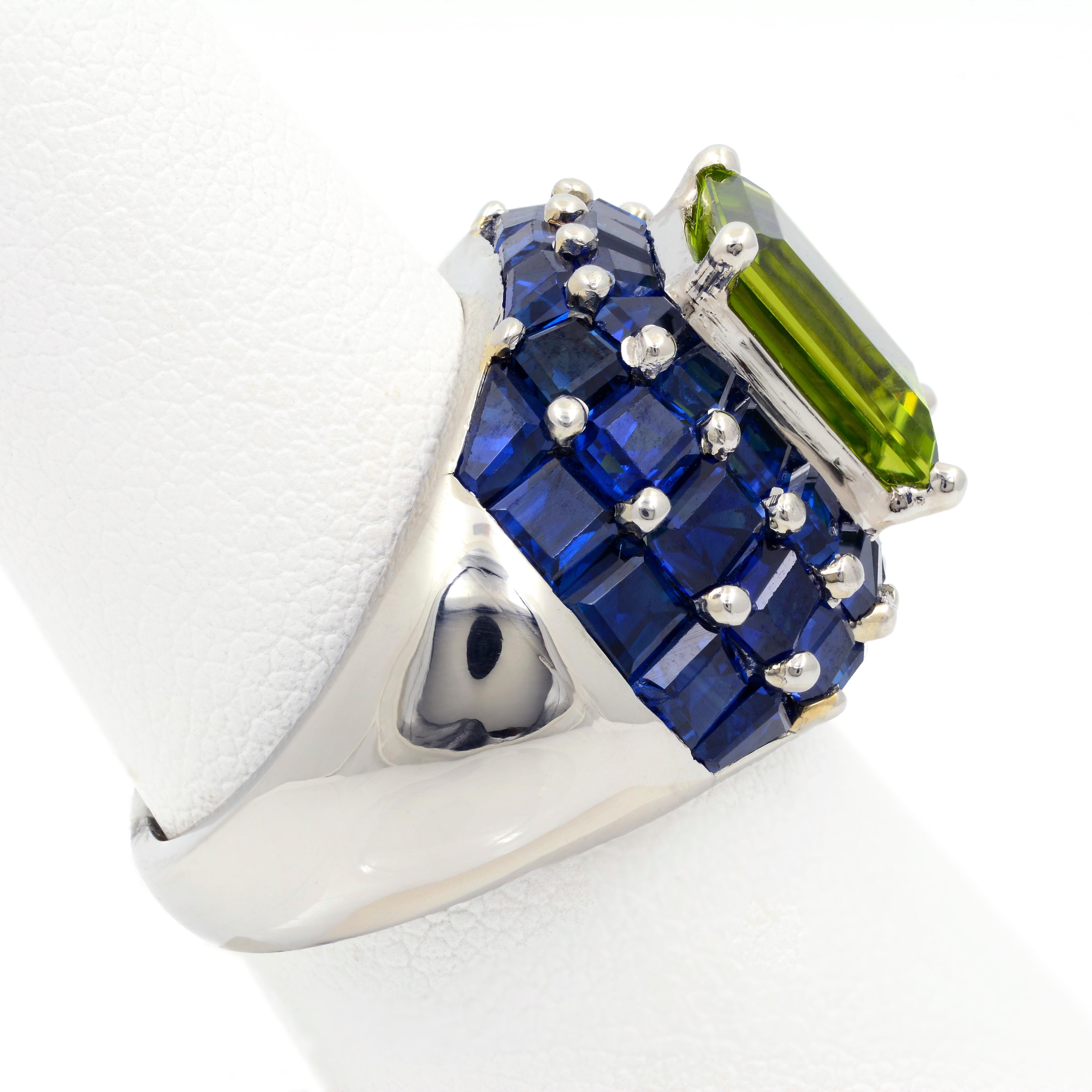 Emerald Cut Platinum Oscar Heyman Peridot and Sapphire Domed Ring