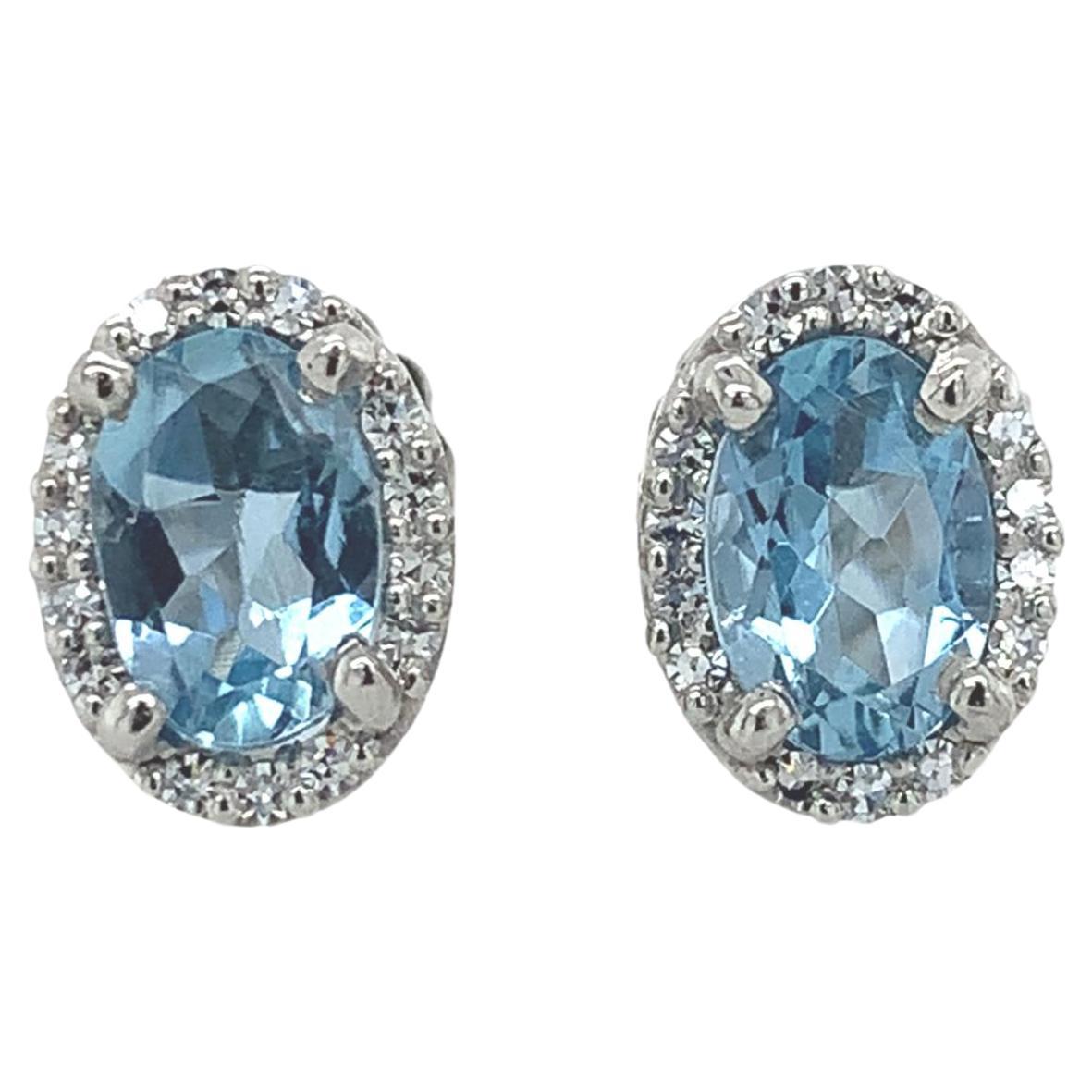 Platinum Oval Aquamarine and Diamond Halo Stud Earrings