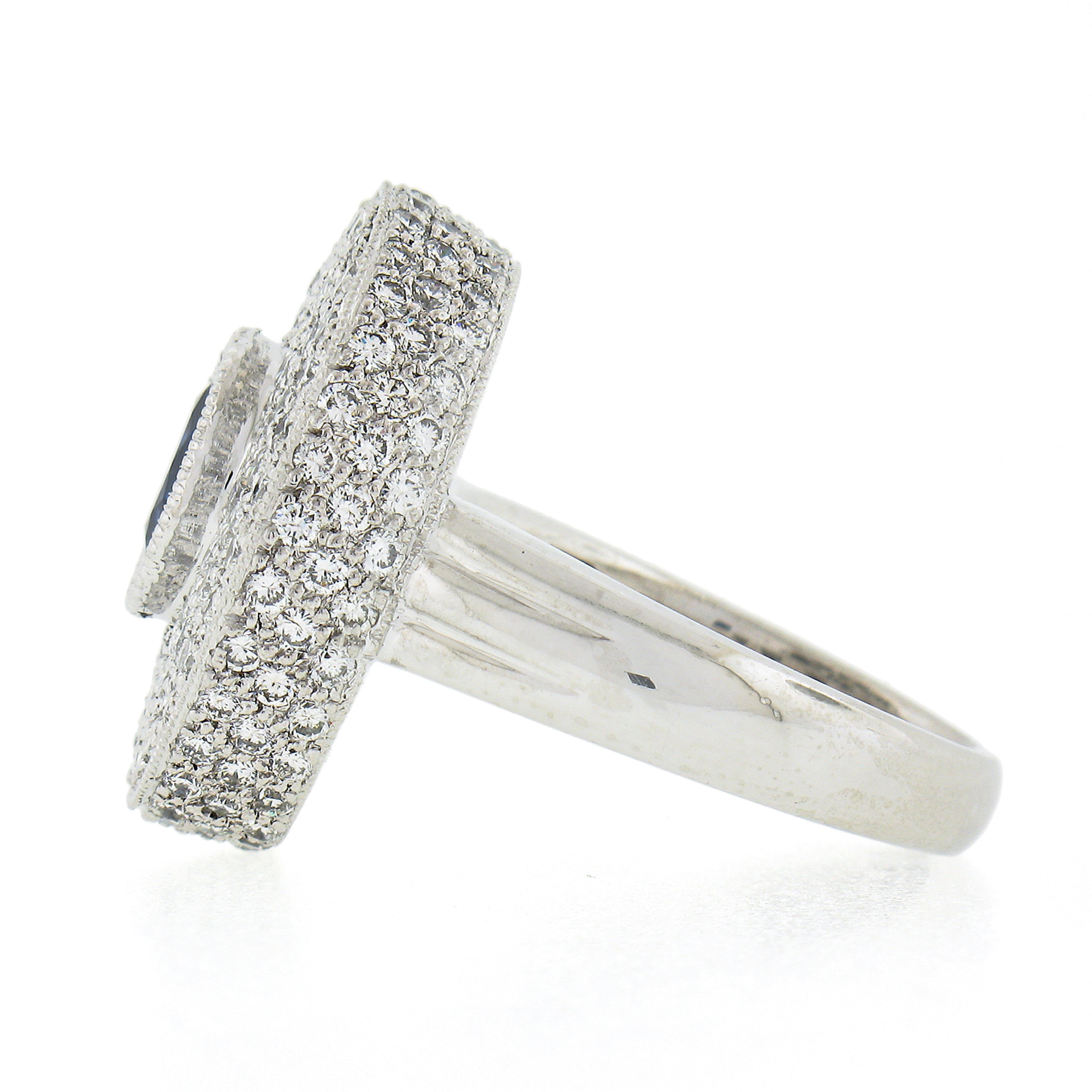 Women's Platinum Oval Bezel Sapphire Pave Diamond Covered Milgrain Platter Cocktail Ring For Sale
