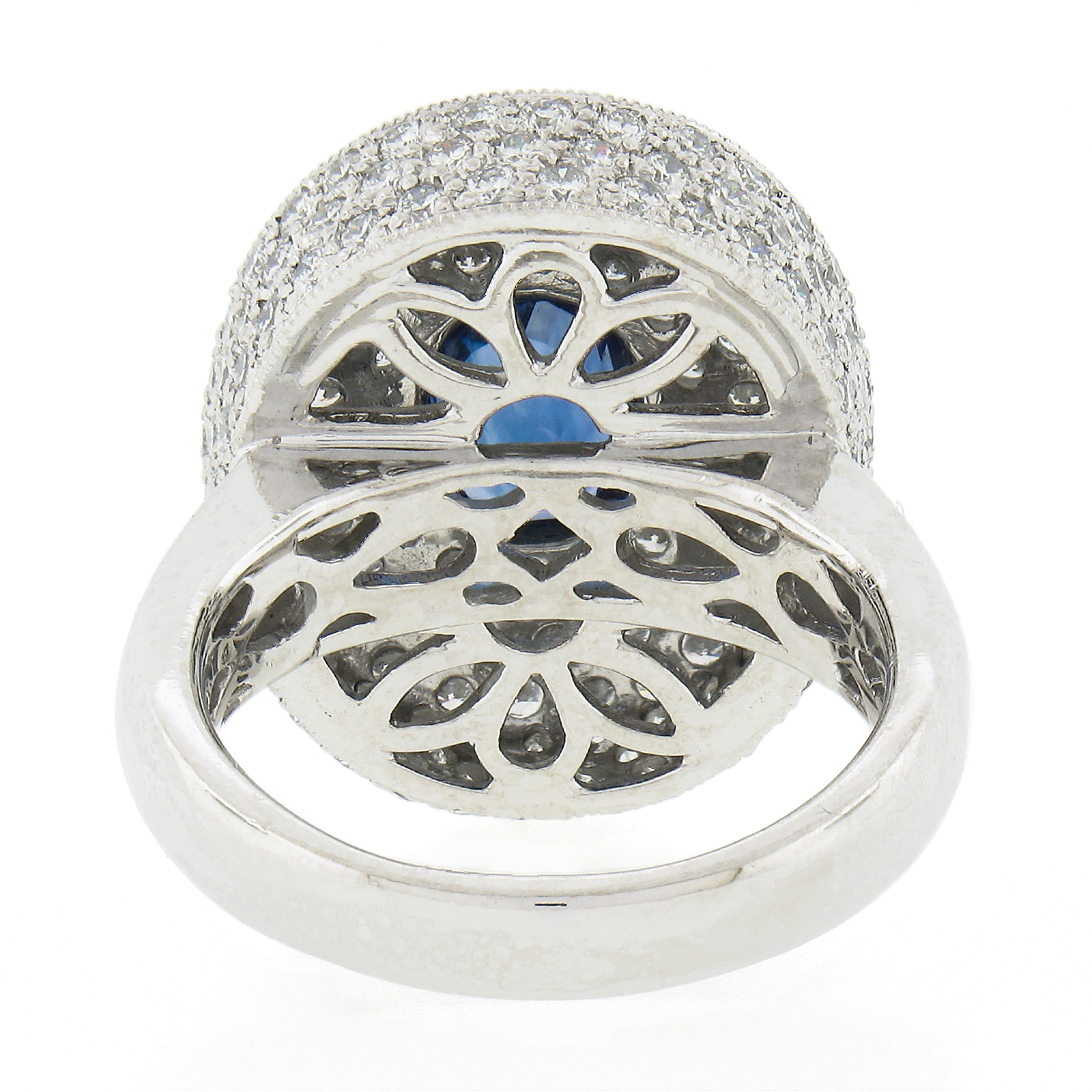 Platinum Oval Bezel Sapphire Pave Diamond Covered Milgrain Platter Cocktail Ring For Sale 1
