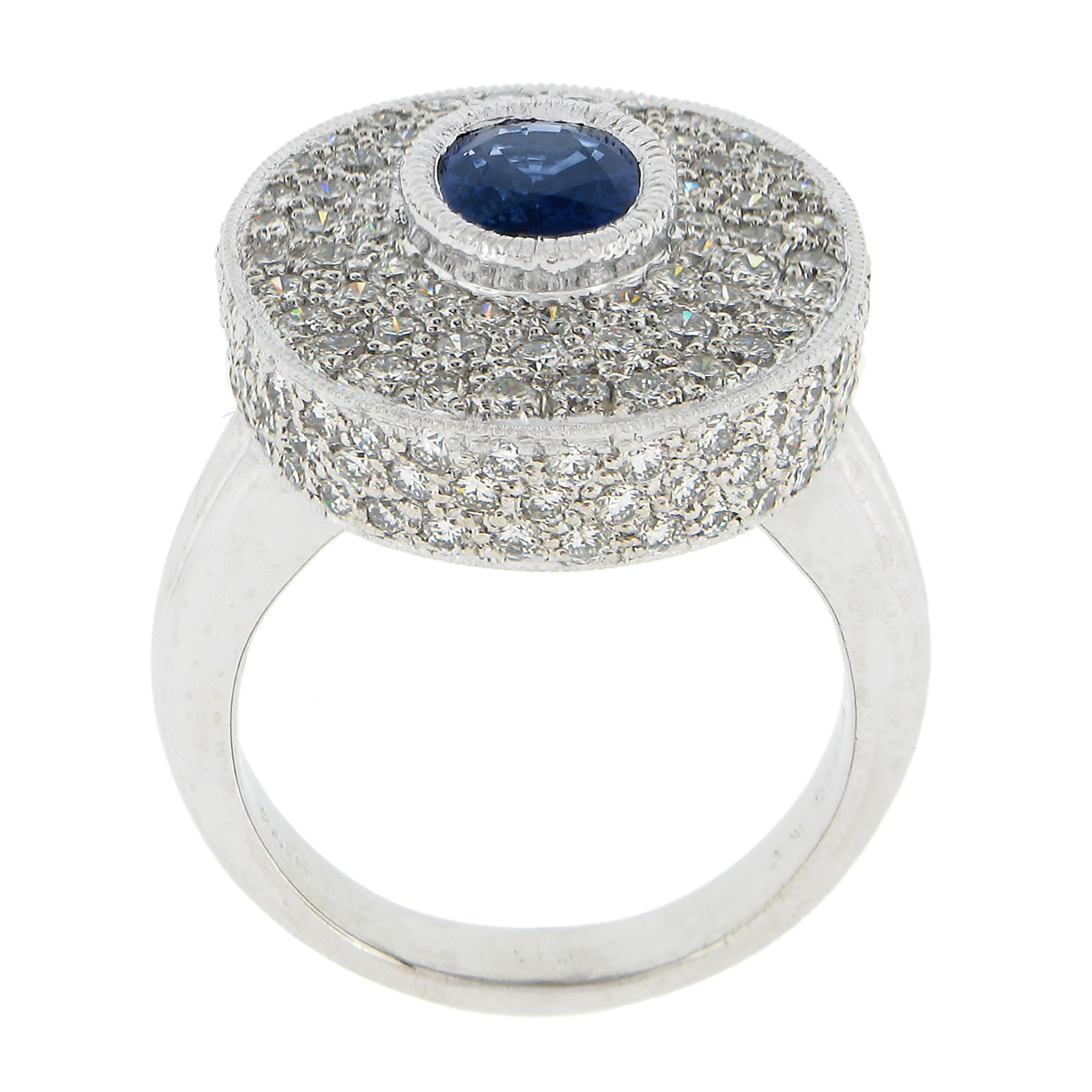 Platinum Oval Bezel Sapphire Pave Diamond Covered Milgrain Platter Cocktail Ring For Sale 2