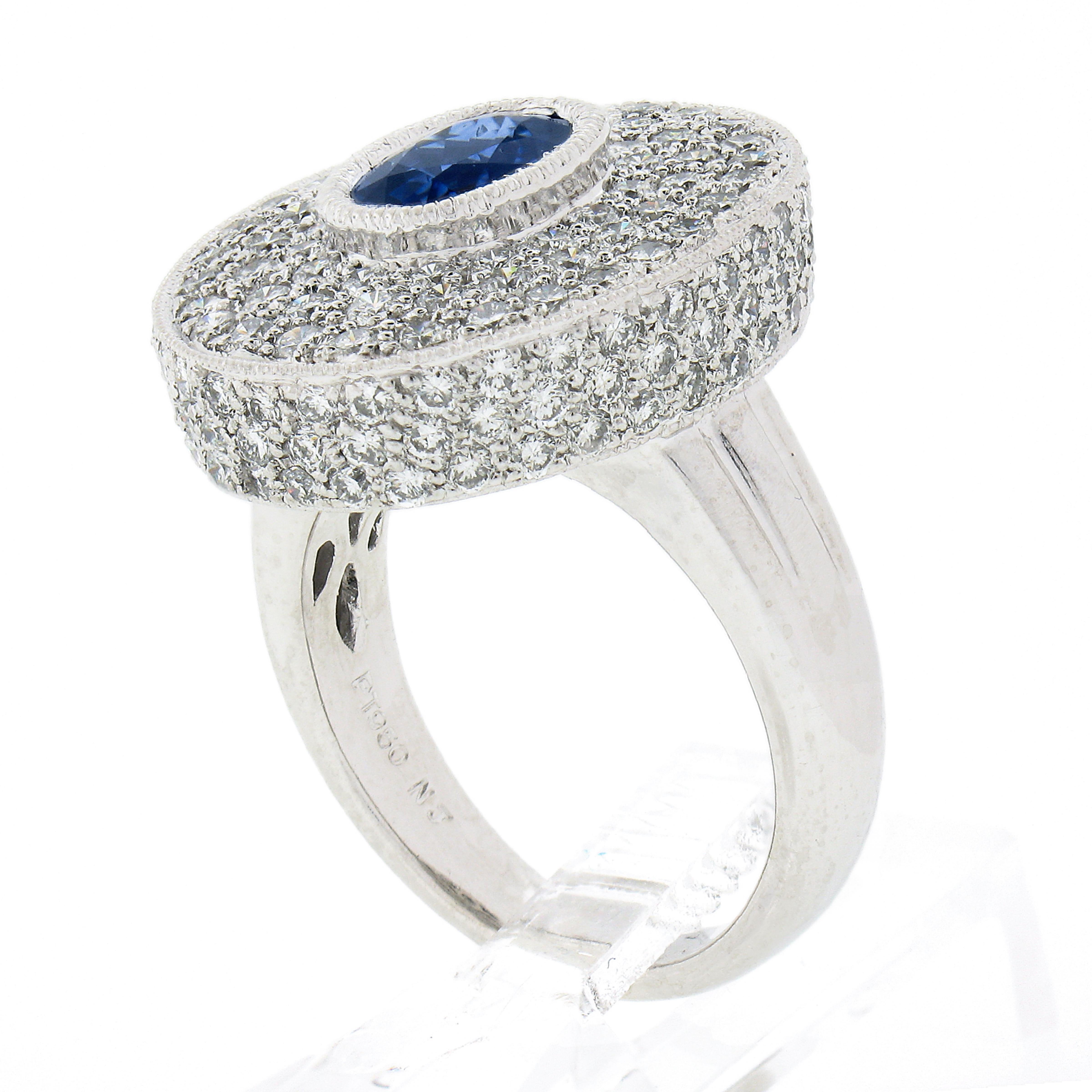 Platinum Oval Bezel Sapphire Pave Diamond Covered Milgrain Platter Cocktail Ring For Sale 3