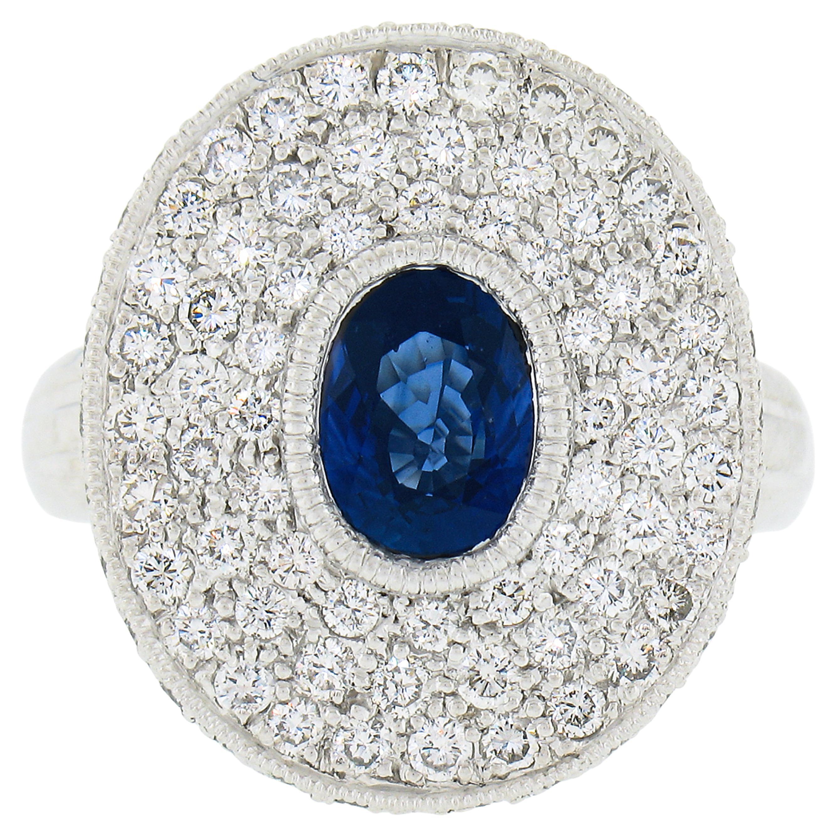 Platinum Oval Bezel Sapphire Pave Diamond Covered Milgrain Platter Cocktail Ring