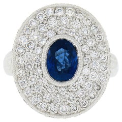 Platinum Oval Bezel Sapphire Pave Diamond Covered Milgrain Platter Cocktail Ring