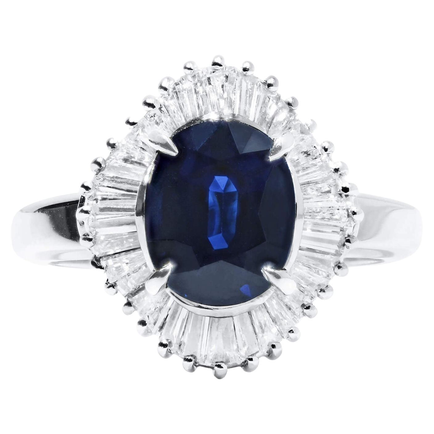 Platinum Oval Blue Sapphire and Tapered Baguette Diamonds Ring GWLab Certified For Sale