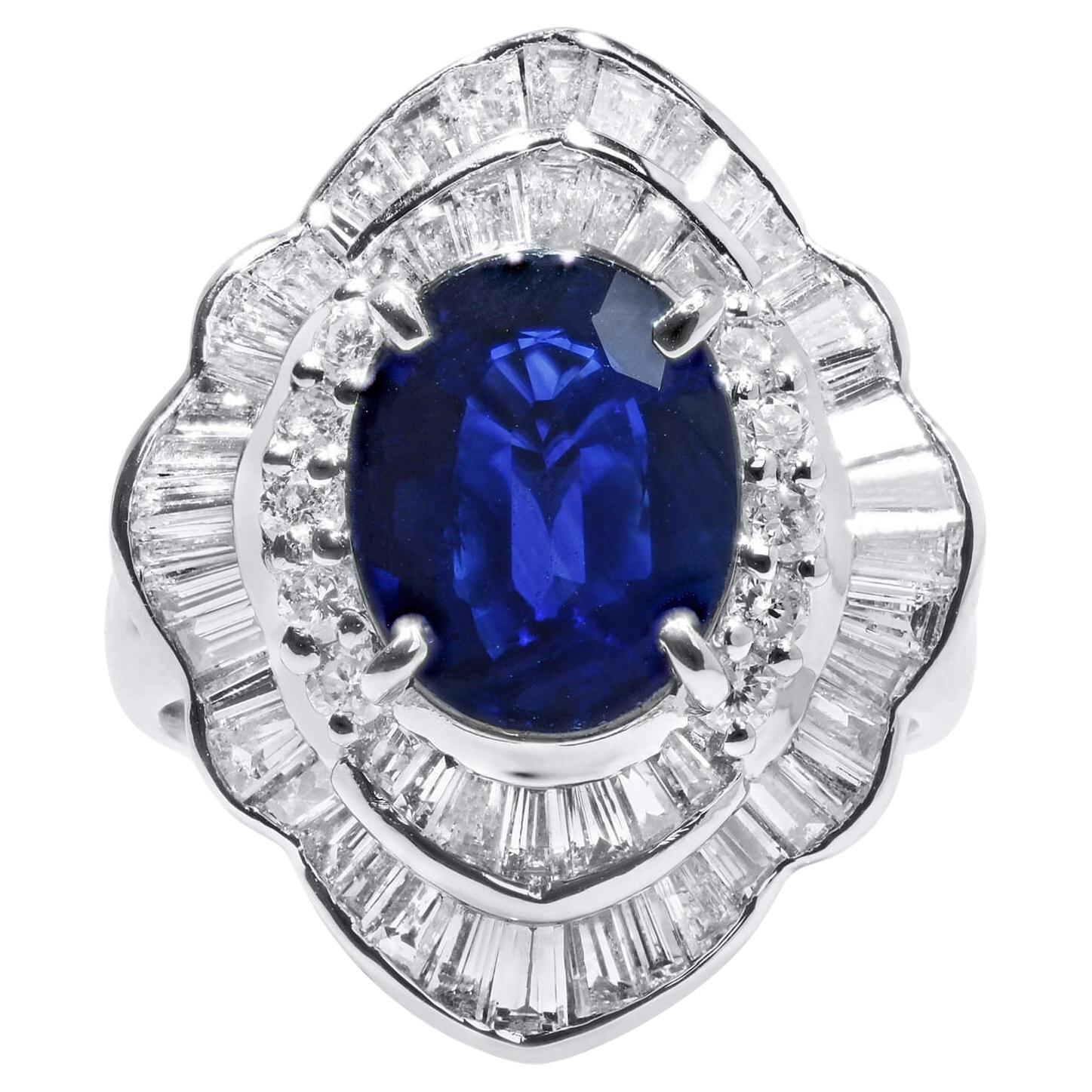 Platinum Oval Blue Sapphire with Round and Baguette Cut Diamonds GWLab Certified For Sale