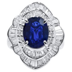 Platinum Oval Blue Sapphire with Round and Baguette Cut Diamonds GWLab Certified