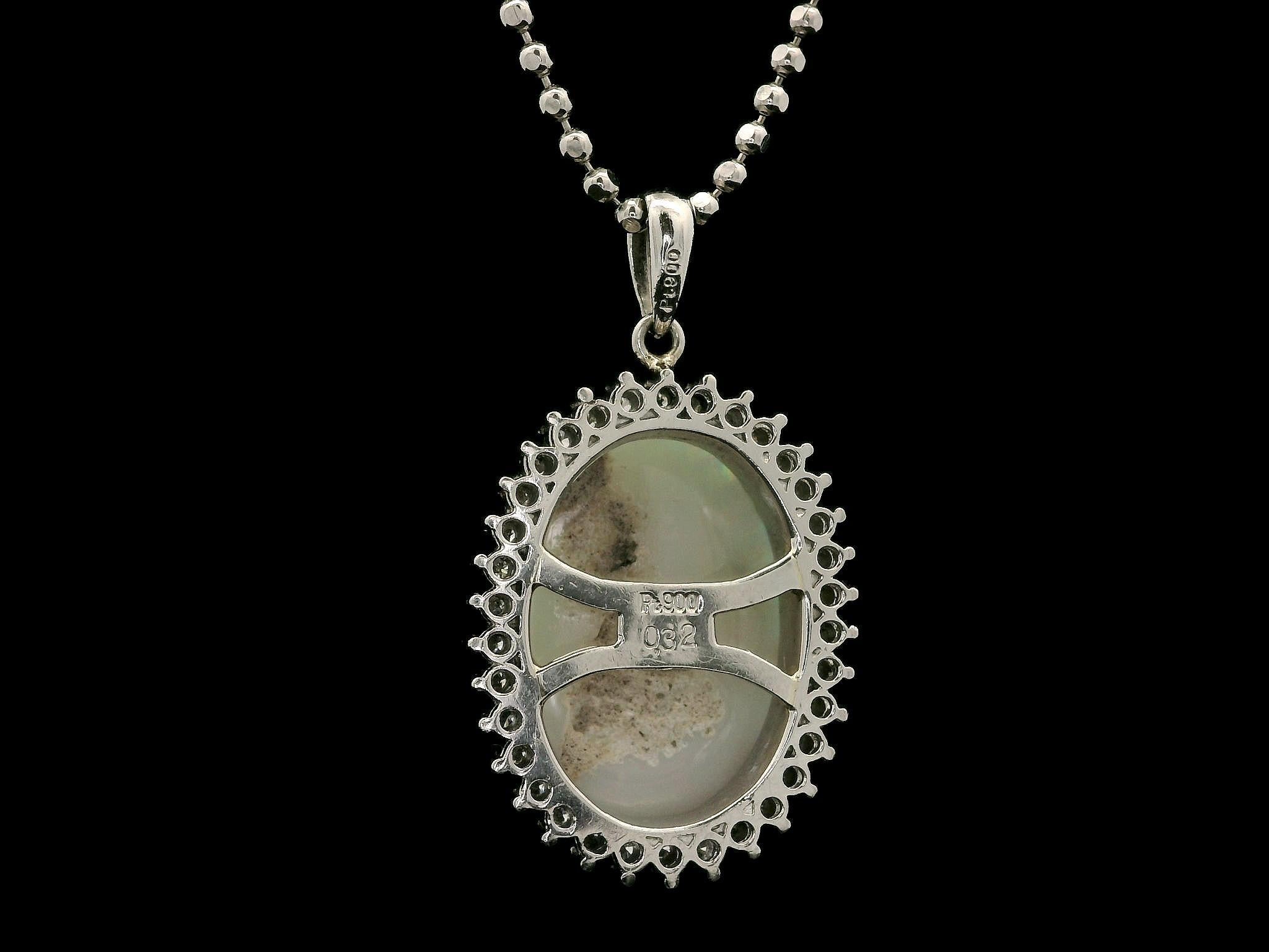 Platinum Oval Cabochon Large Opal w/ Diamond Halo Pendant on 18' Ball Bead Chain In Excellent Condition For Sale In Montclair, NJ