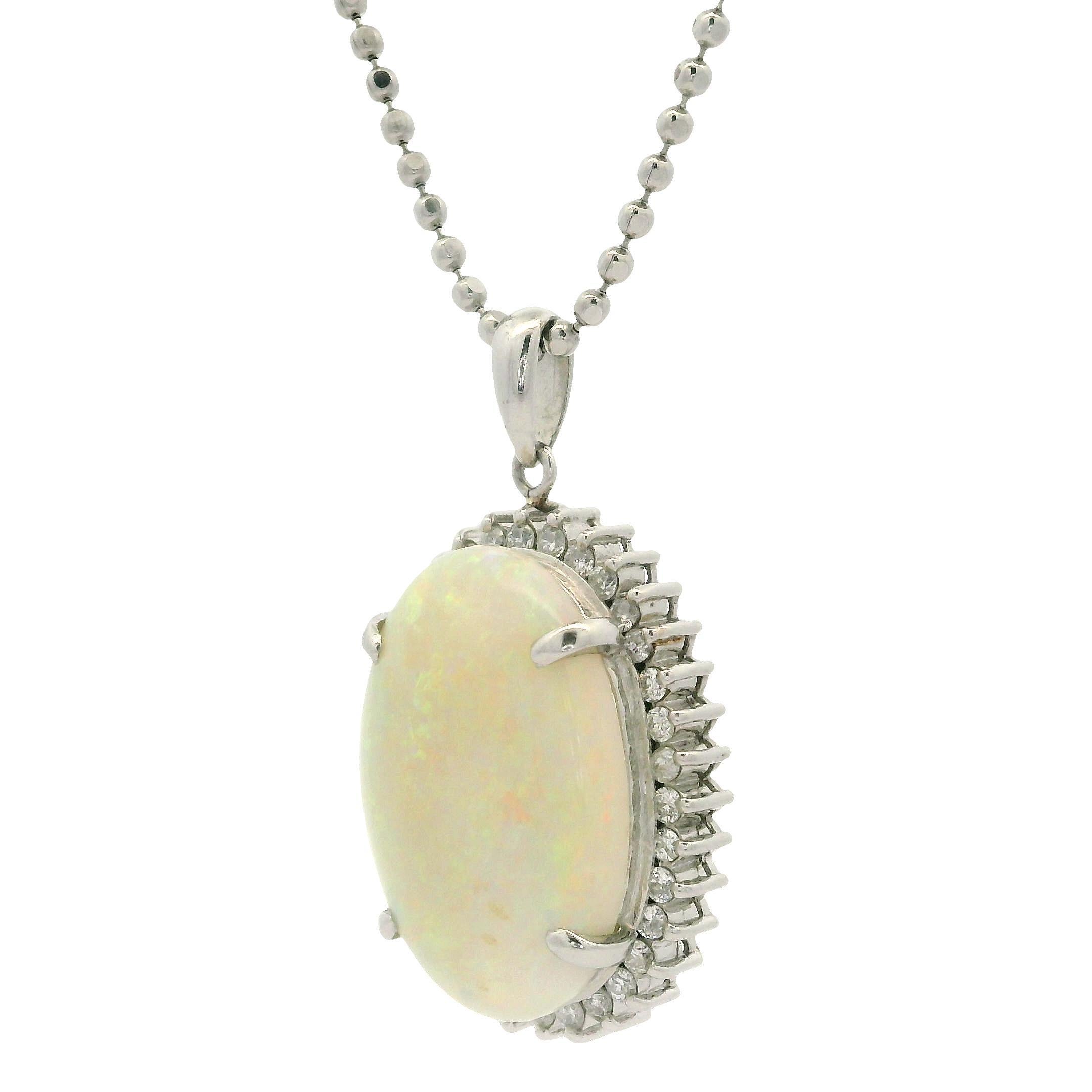 Platinum Oval Cabochon Large Opal w/ Diamond Halo Pendant on 18' Ball Bead Chain For Sale 1