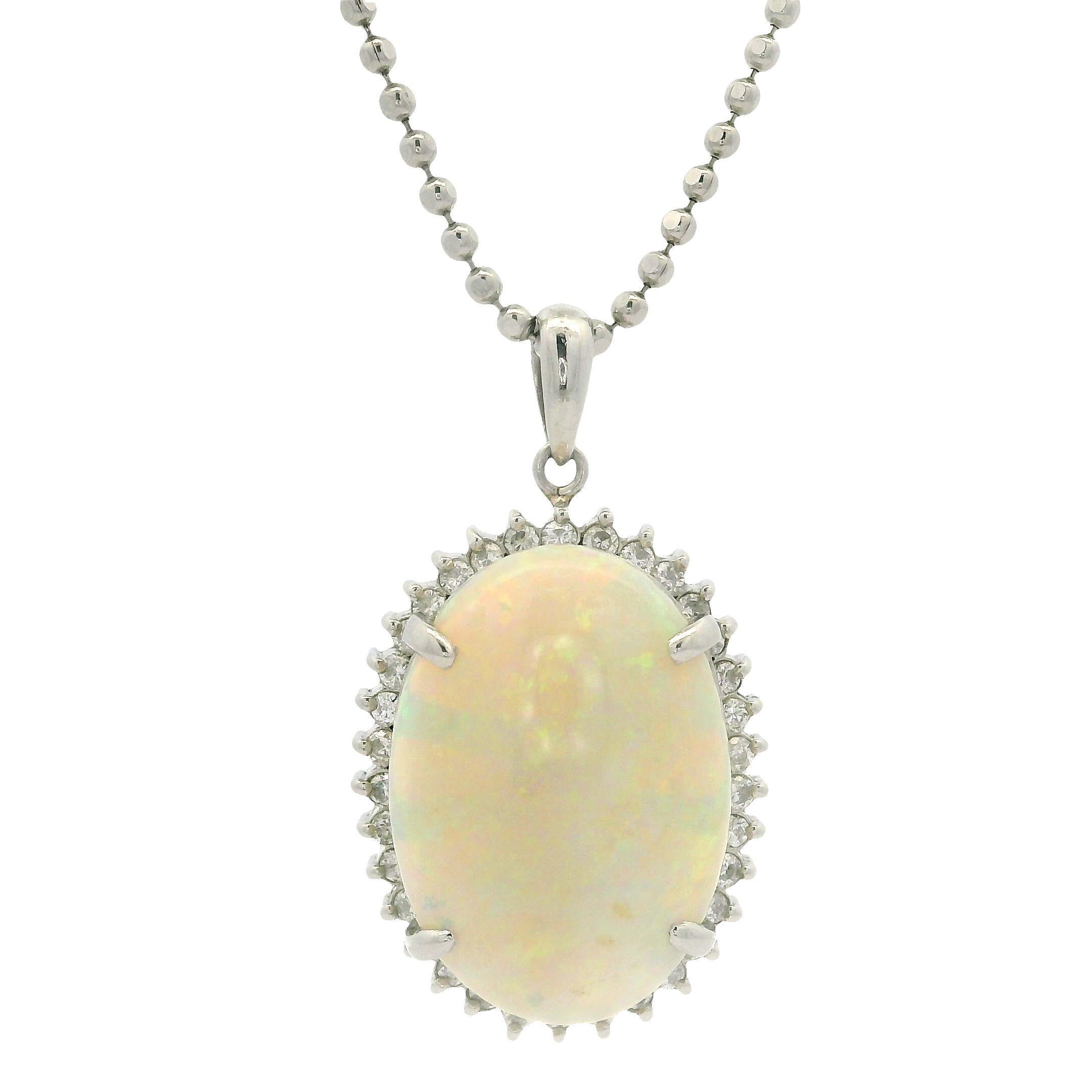 Platinum Oval Cabochon Large Opal w/ Diamond Halo Pendant on 18' Ball Bead Chain For Sale 2