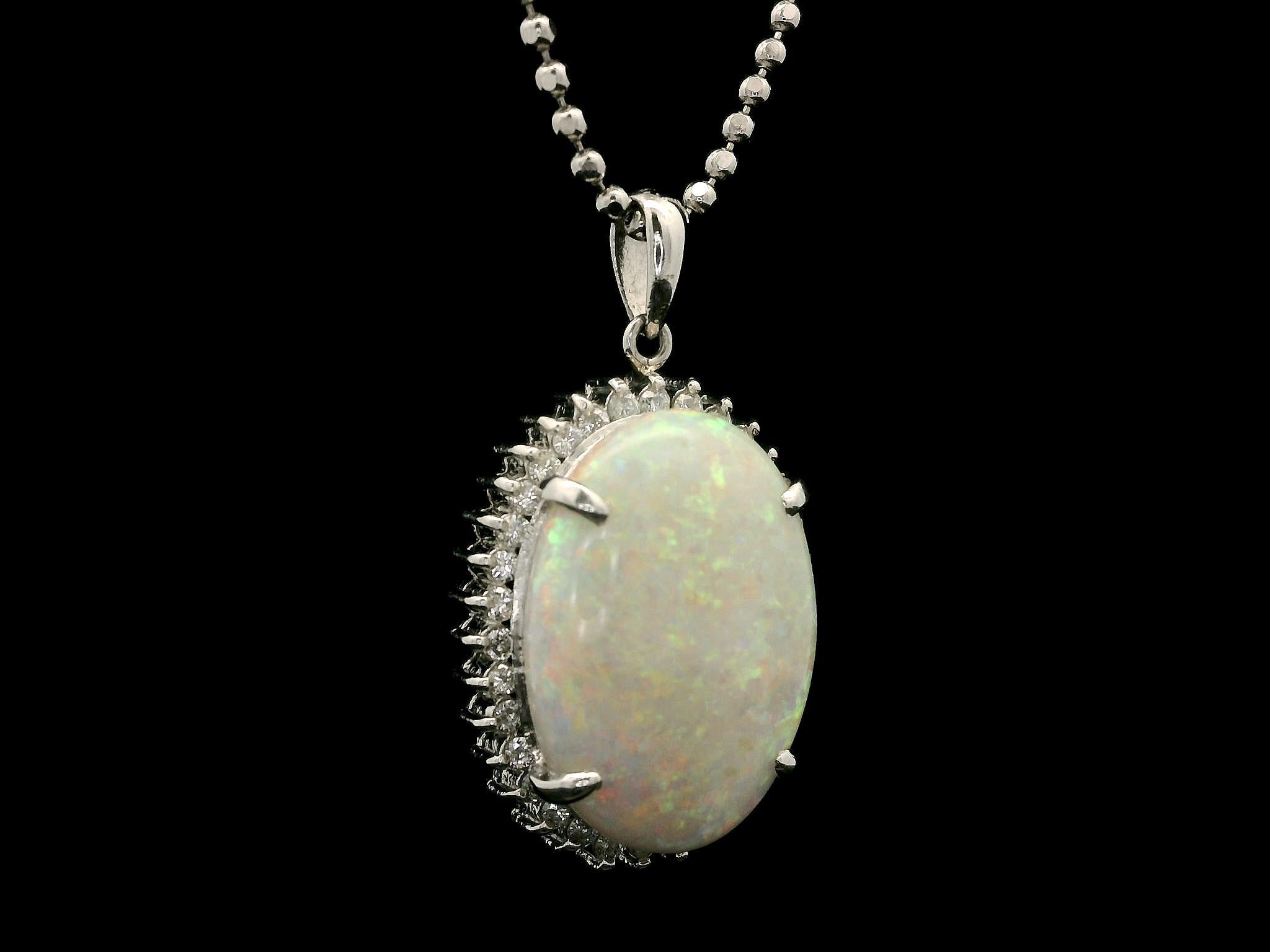 Platinum Oval Cabochon Large Opal w/ Diamond Halo Pendant on 18' Ball Bead Chain For Sale 3